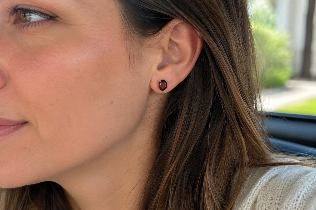 Third view of oval garnet stud earrings