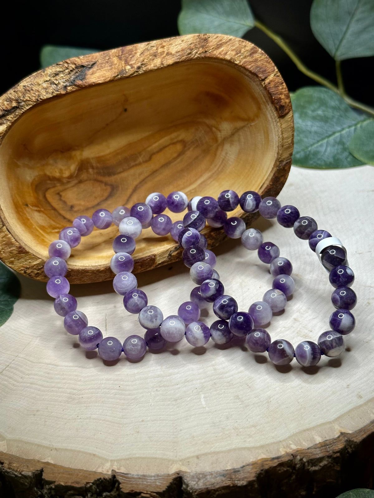 Dream Amethyst bracelet with polished 8.5mm chevron amethyst beads