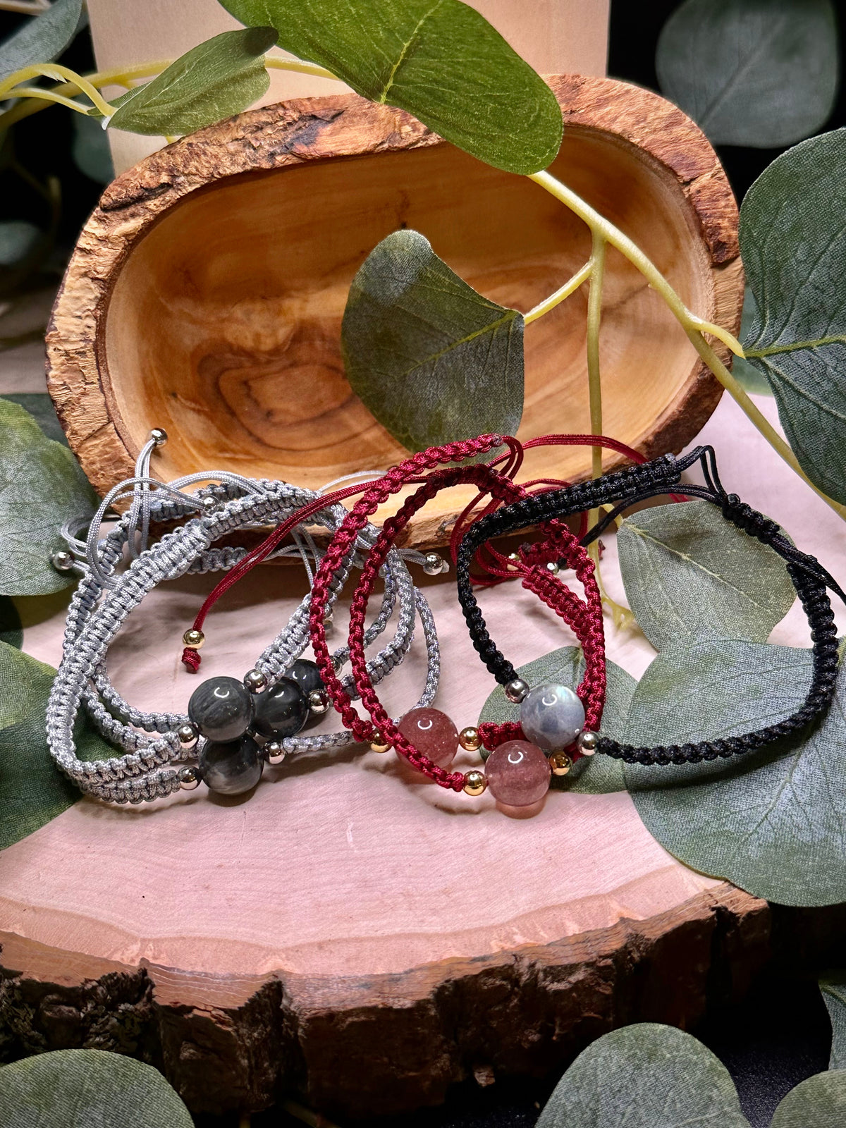 Adjustable macramé bracelet with a polished 10mm gemstone bead