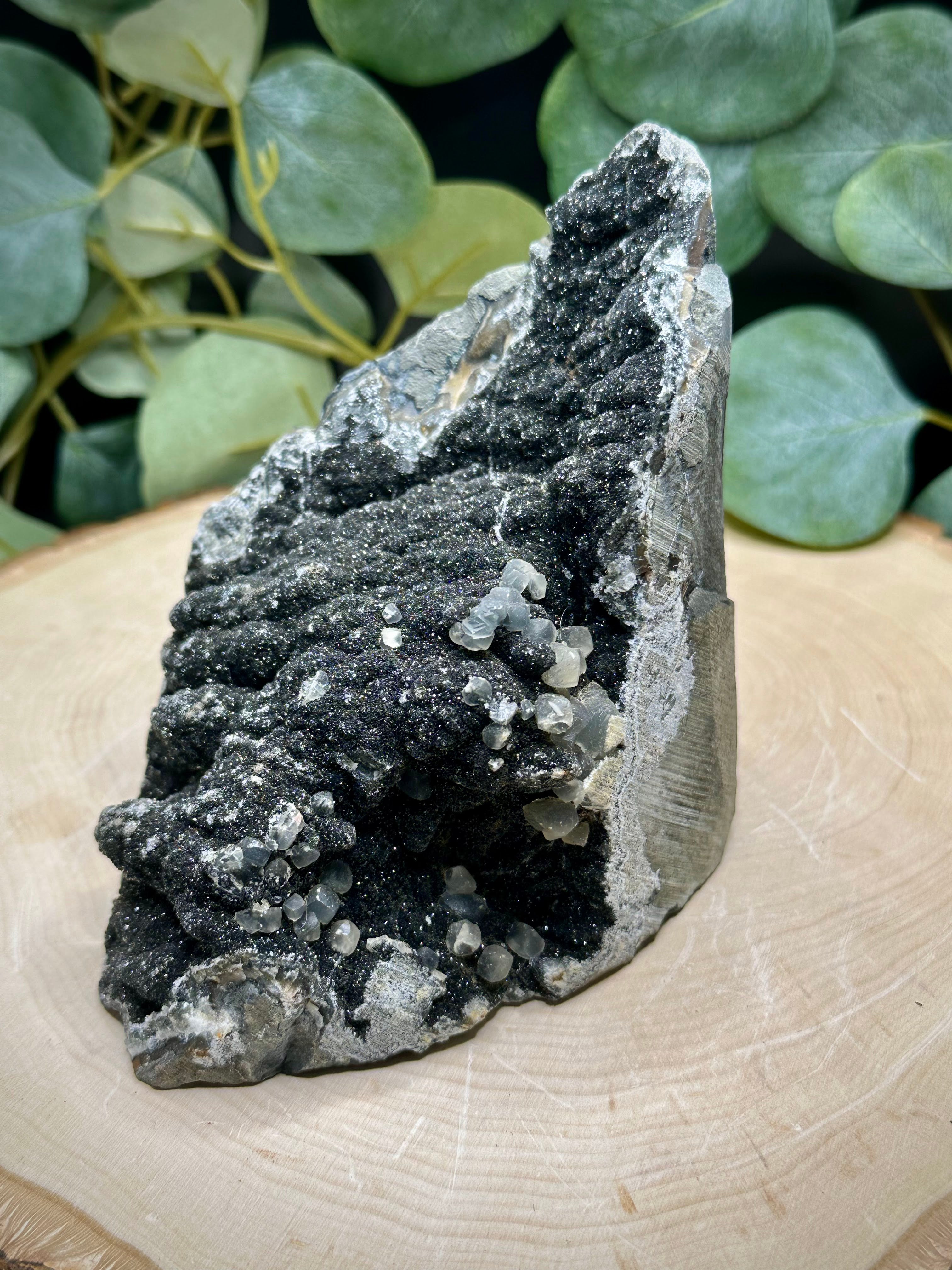 Brazilian Galaxy Black Amethyst Cut Base with Calcite