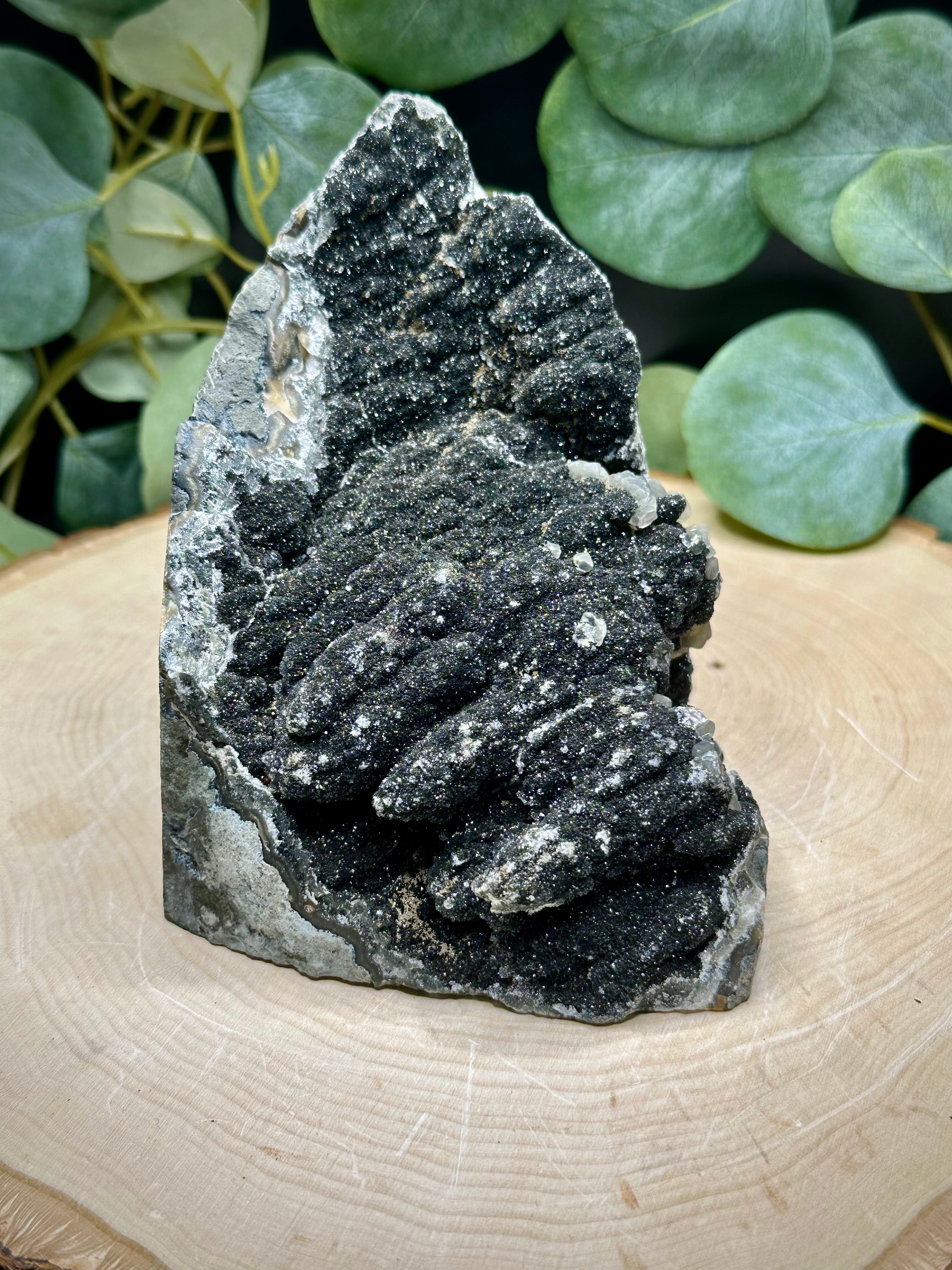 Brazilian Galaxy Black Amethyst Cut Base with Calcite
