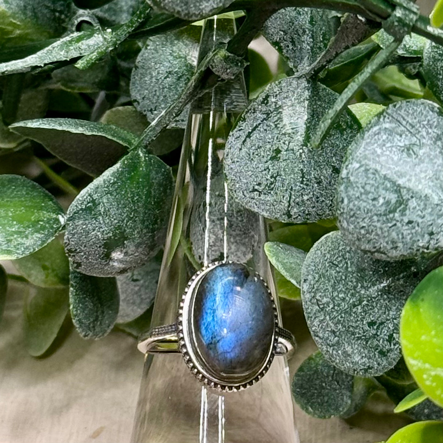 Oval labradorite ring showing natural flash