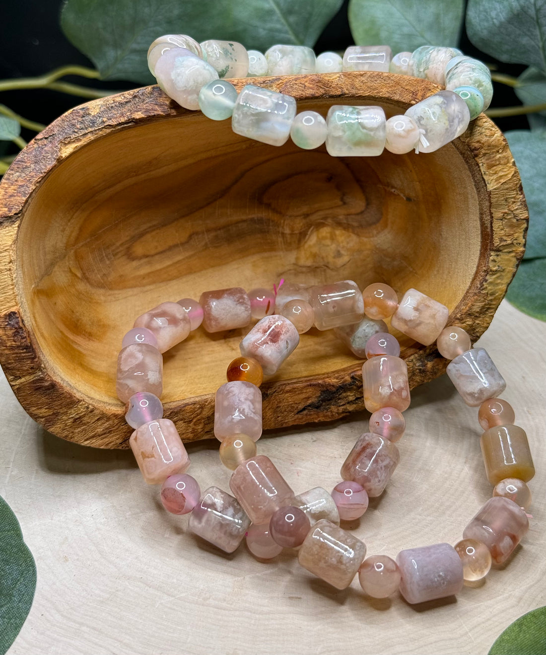 Flower Agate Cylinder Bead Bracelets