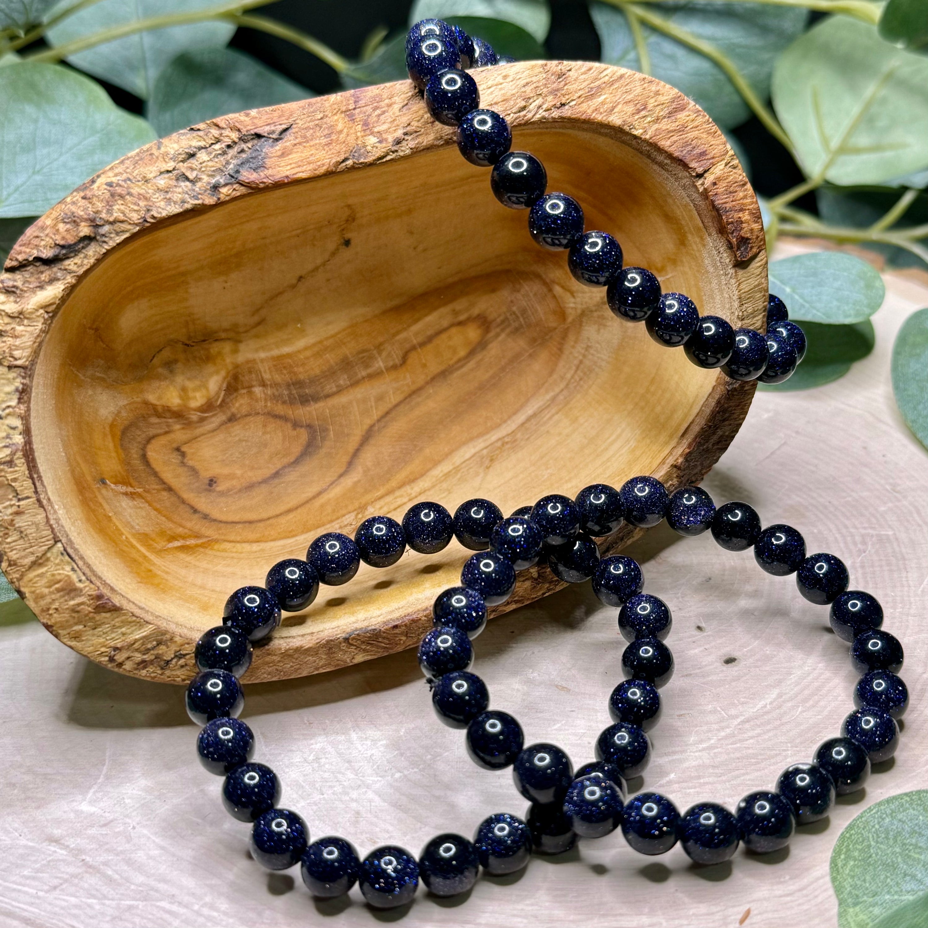 Blue Goldstone Stretch Bracelet 8mm with sparkling man-made glass beads