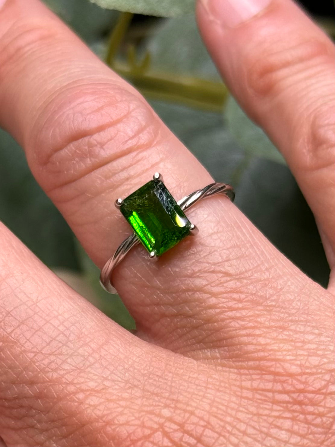 Natural green diopside adjustable ring in sterling silver