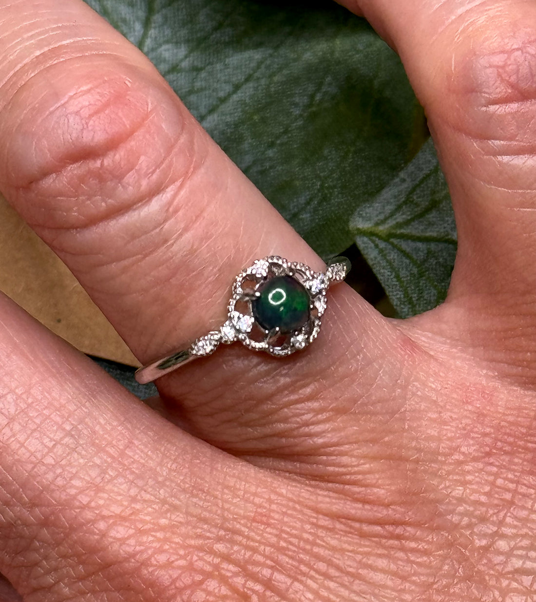 Black Opal Round Sterling Silver Ring