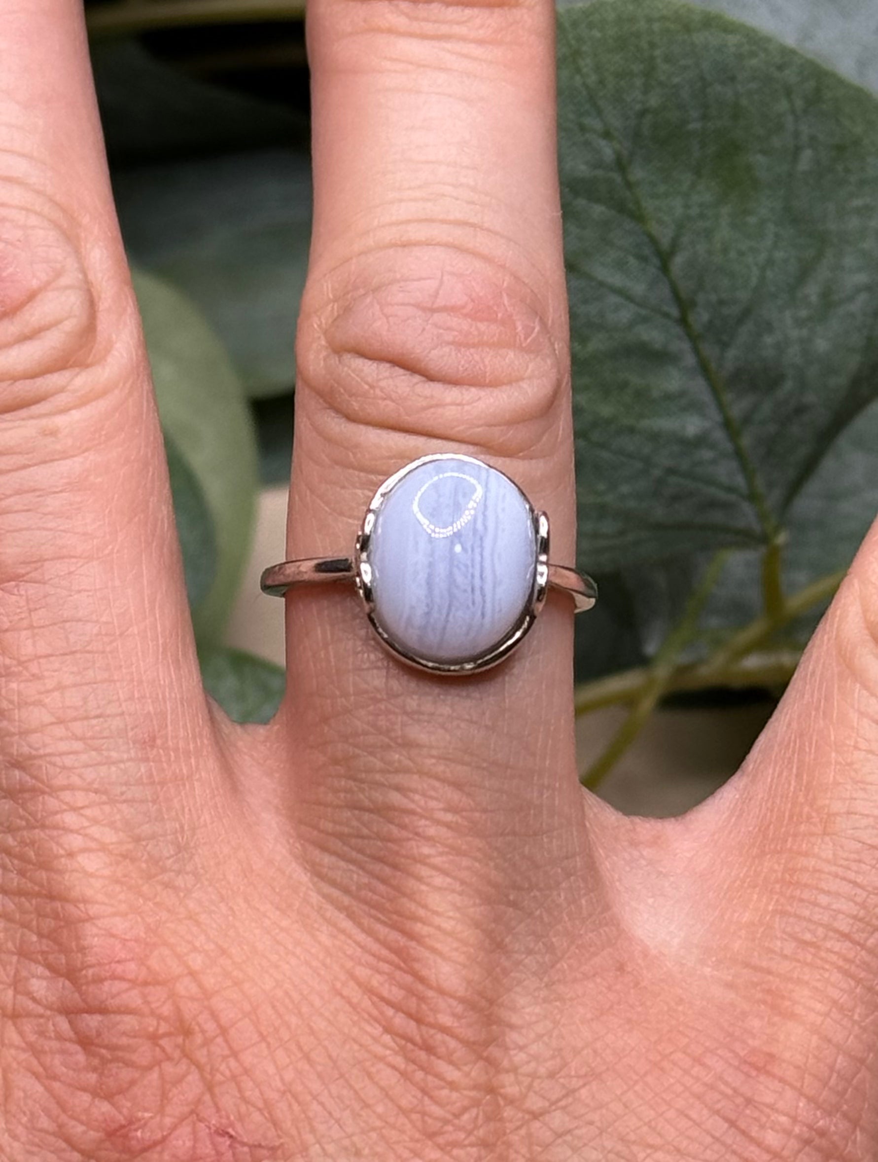 Oval blue lace agate filigree ring in 925 sterling silver