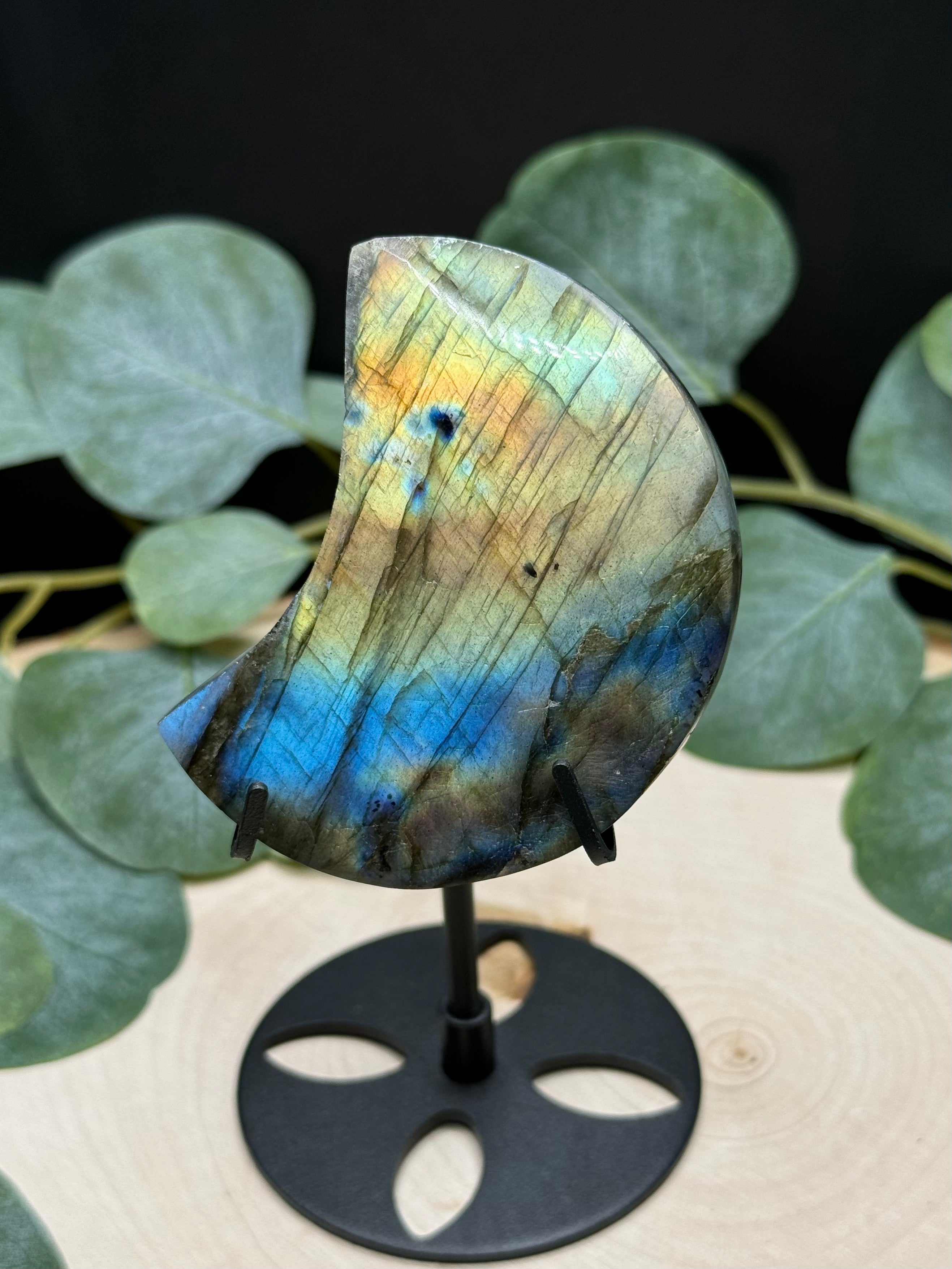 Labradorite Moon Carvings | Flashy Labradorite Crescent Moons | Natural Labradorite Decor