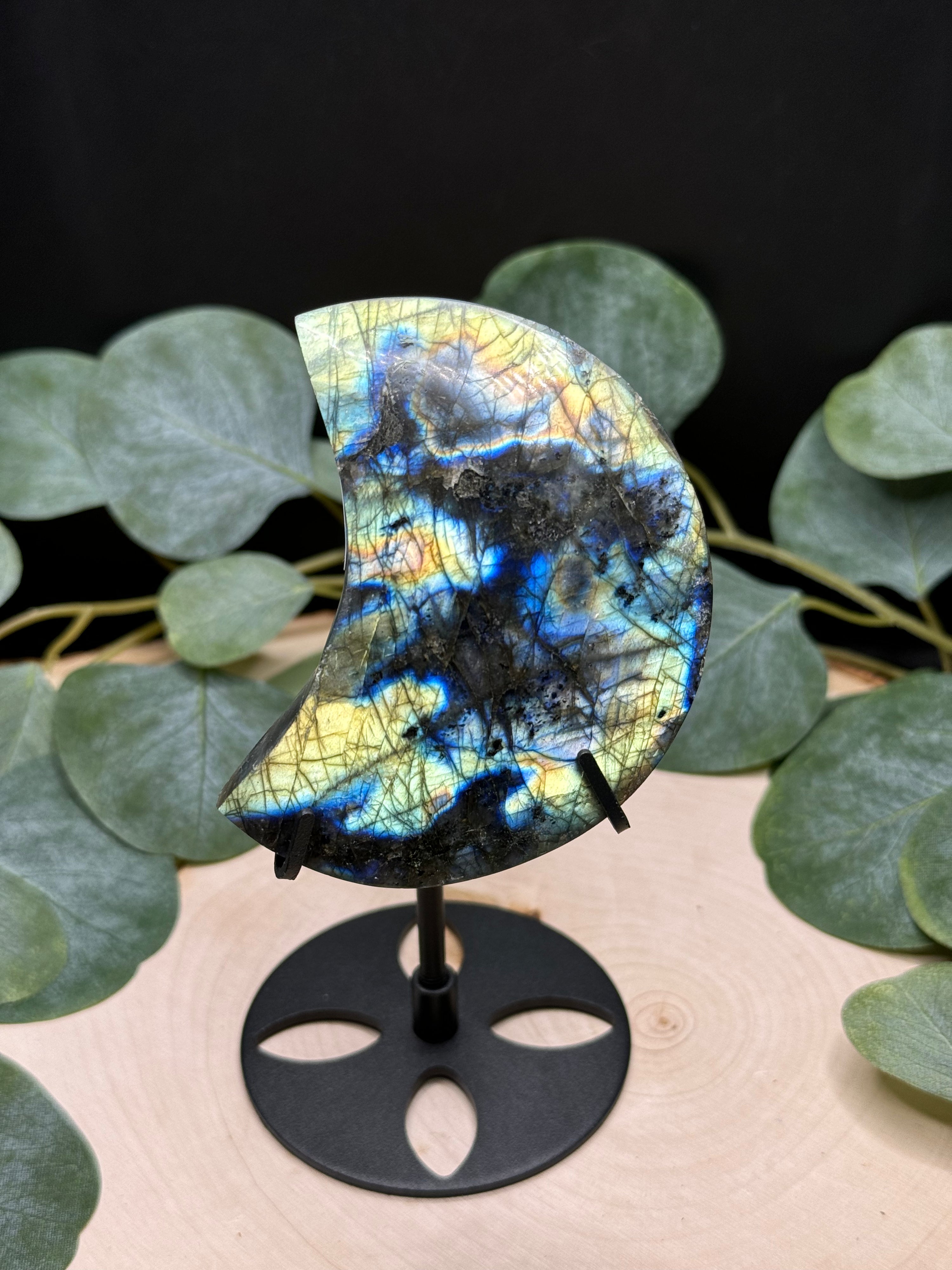 Labradorite Moon Carvings | Flashy Labradorite Crescent Moons | Natural Labradorite Decor