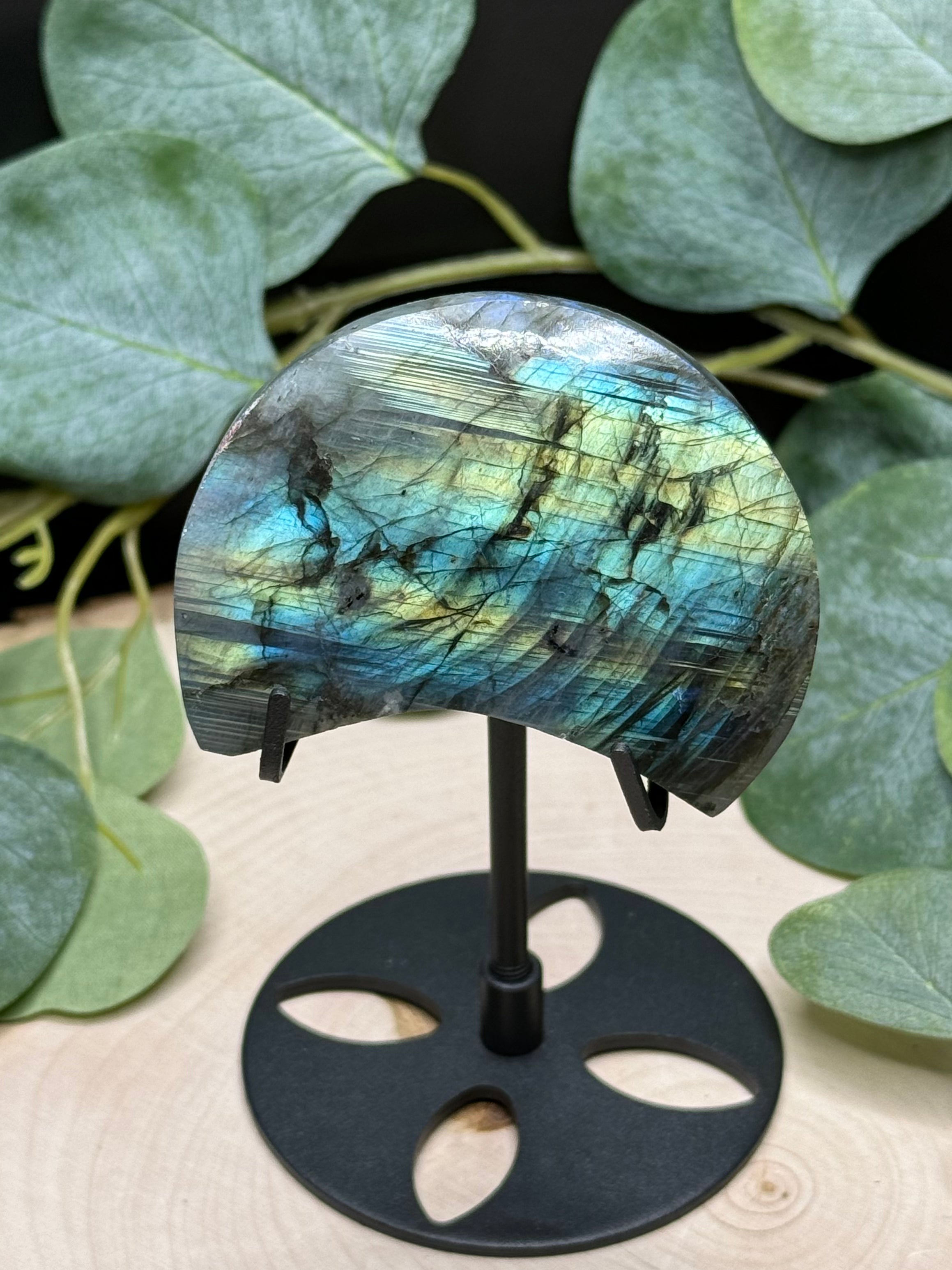 Labradorite Moon Carvings | Flashy Labradorite Crescent Moons | Natural Labradorite Decor