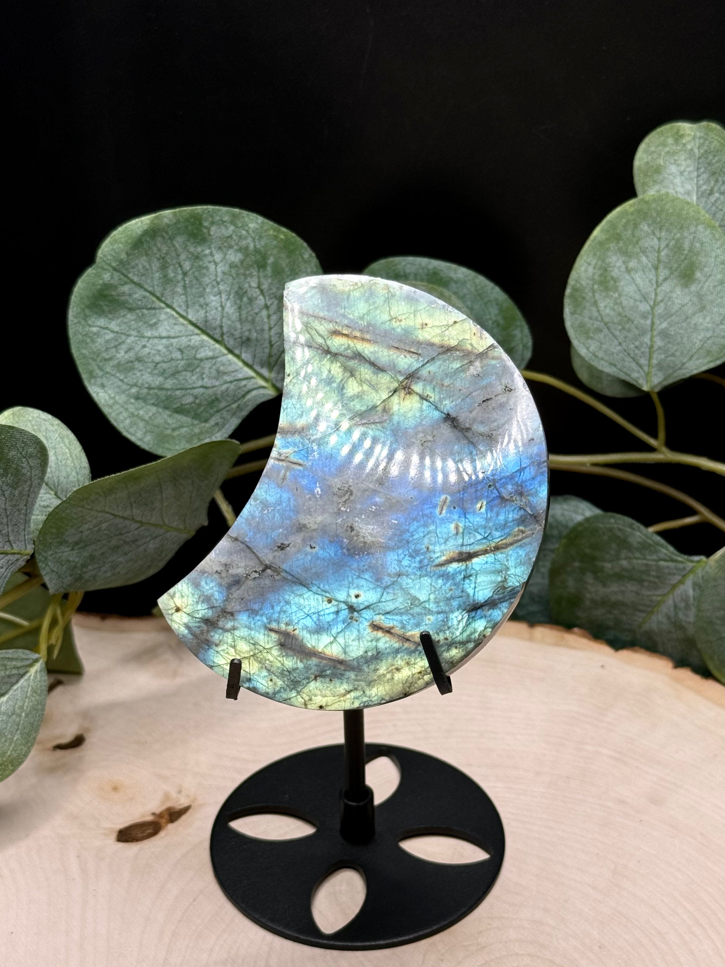 Labradorite Moon Carvings | Flashy Labradorite Crescent Moons | Natural Labradorite Decor