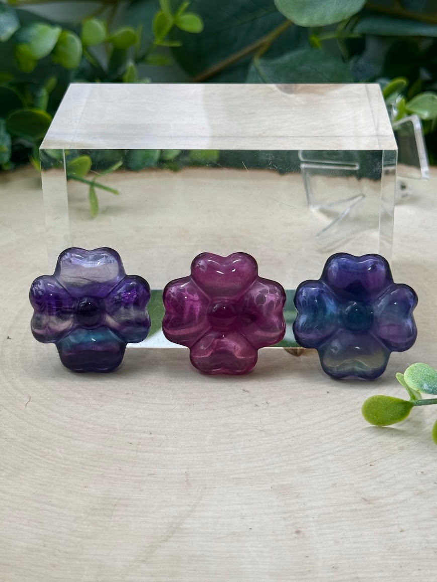 Hand-Polished Rainbow Fluorite Flower Carvings | Natural Crystal Floral Gemstone Decor