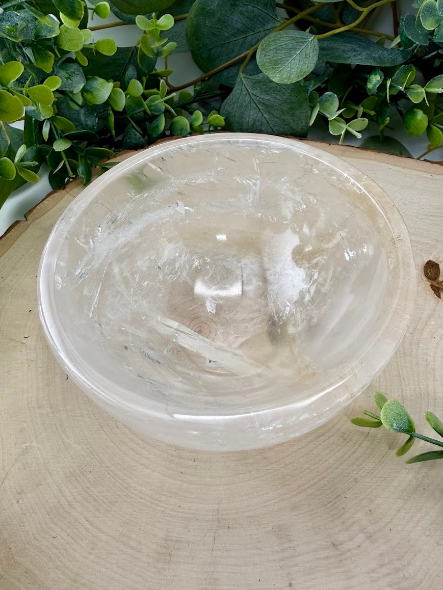 Clear Quartz w/ Golden Healer Bowl | Natural Crystal Display Decor Piece