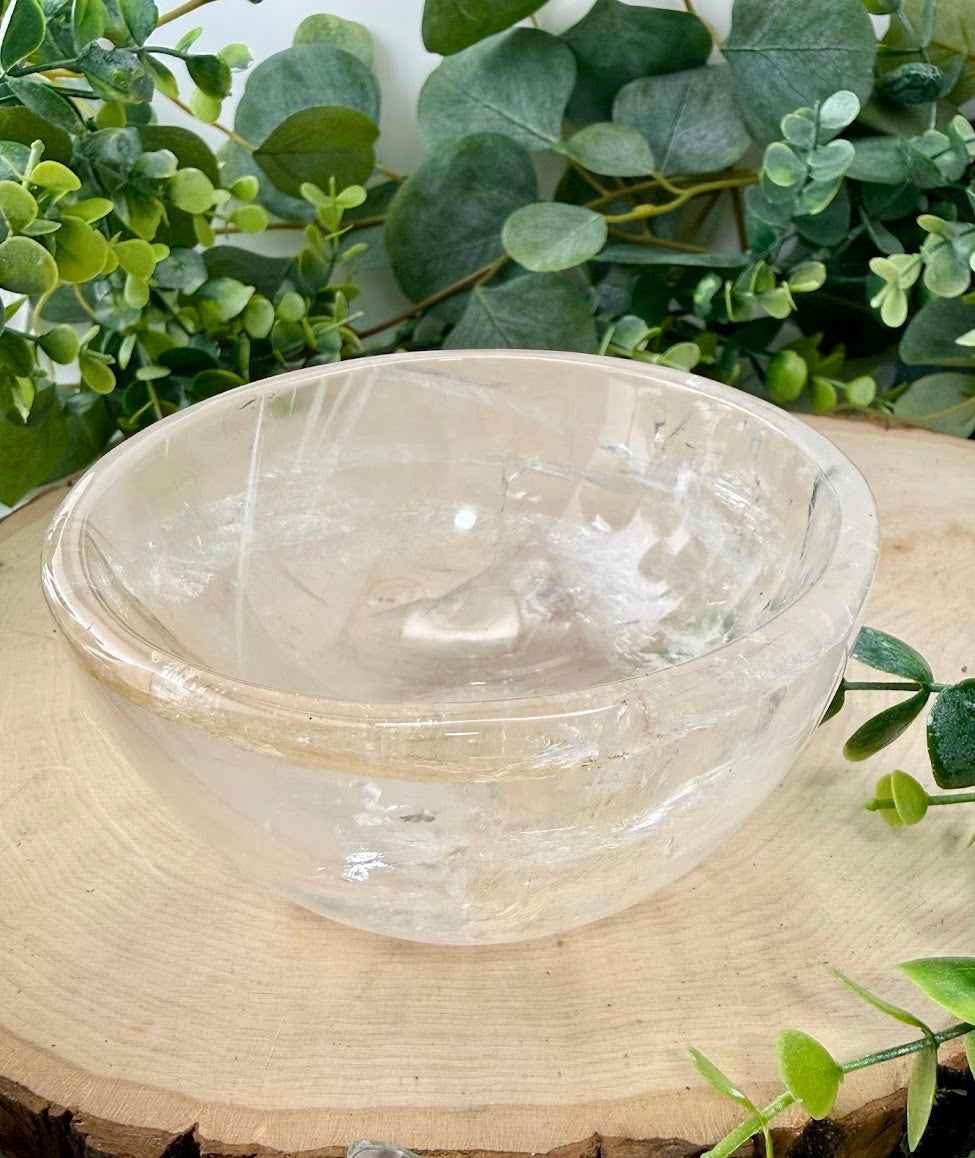 Clear Quartz w/ Golden Healer Bowl | Natural Crystal Display Decor Piece