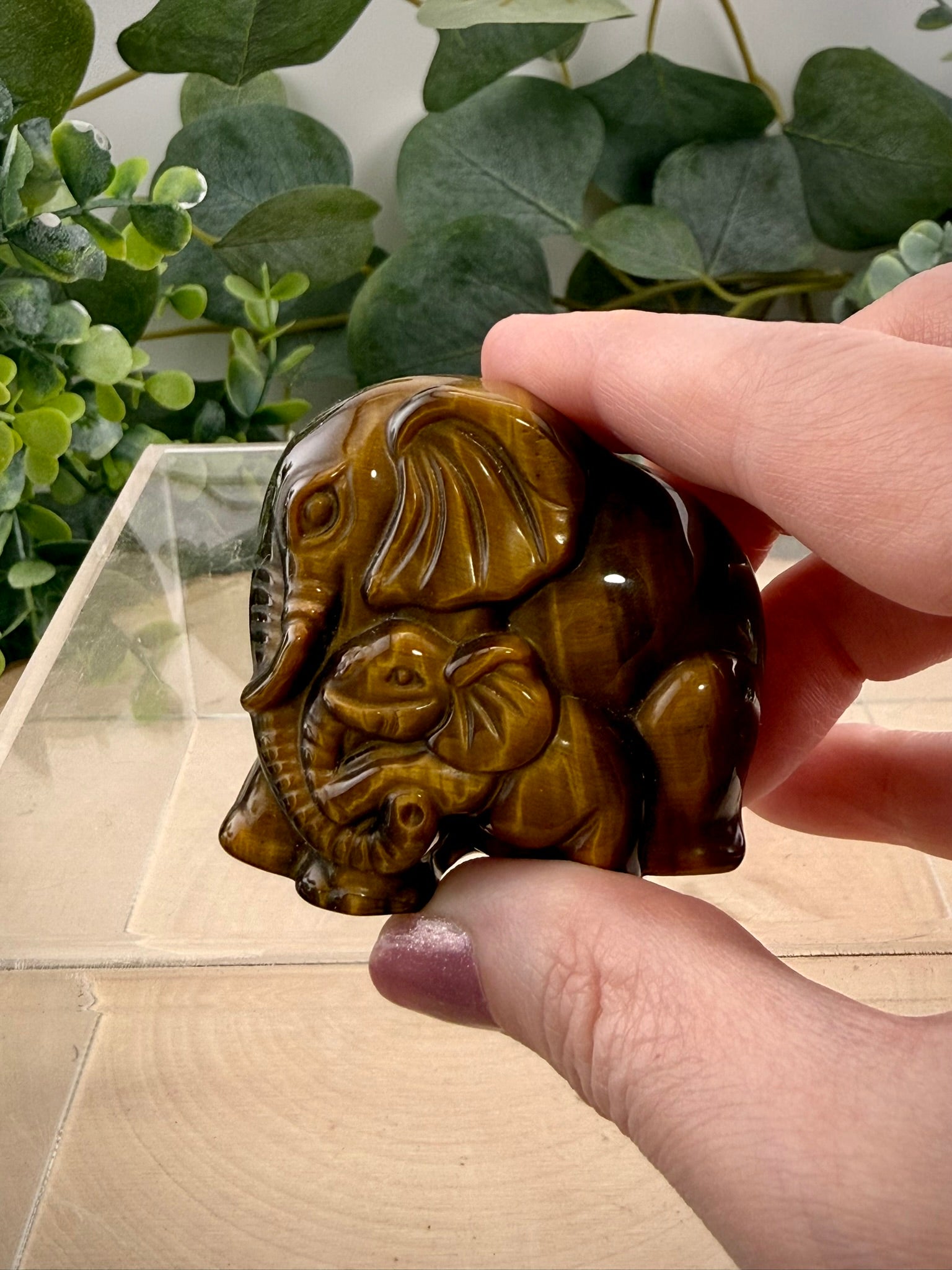 Tigers Eye Elephant & Baby Carving | Natural Crystal Animal Carving