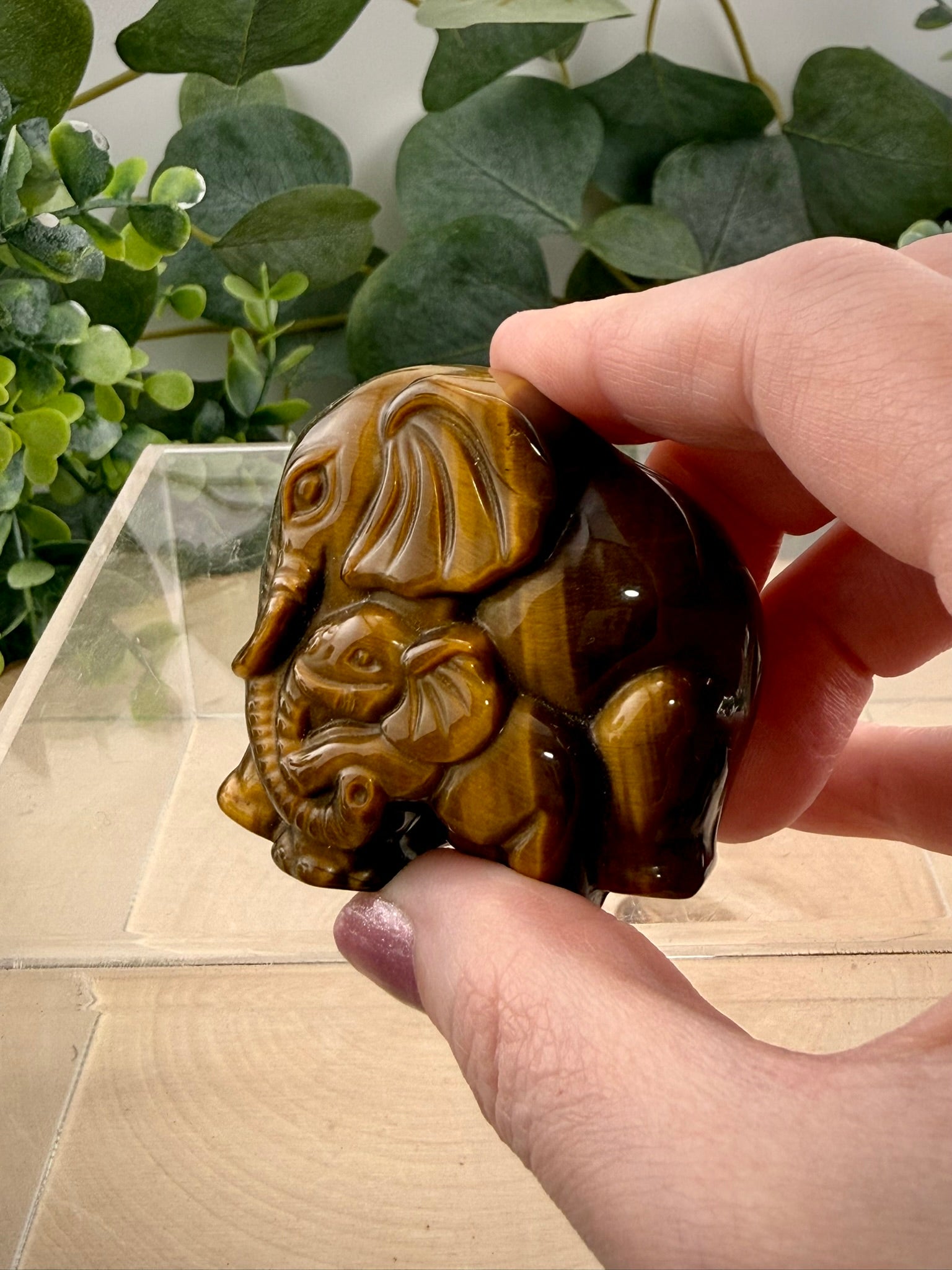 Tigers Eye Elephant & Baby Carving | Natural Crystal Animal Carving