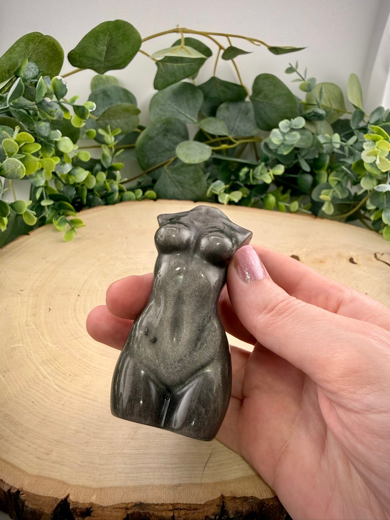 Silver Sheen Obsidian Goddess Carving | Natural Stone Female Figure