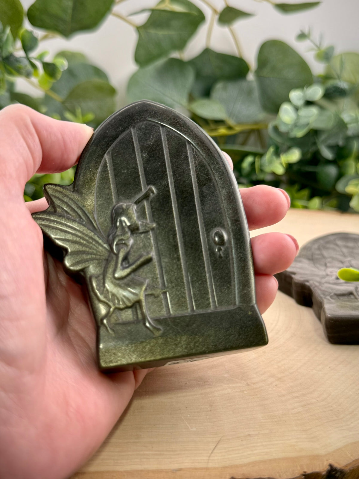 Obsidian Fairy Door Carving | Gold Sheen & Silver Sheen Stone Decor - Still Water Crystals