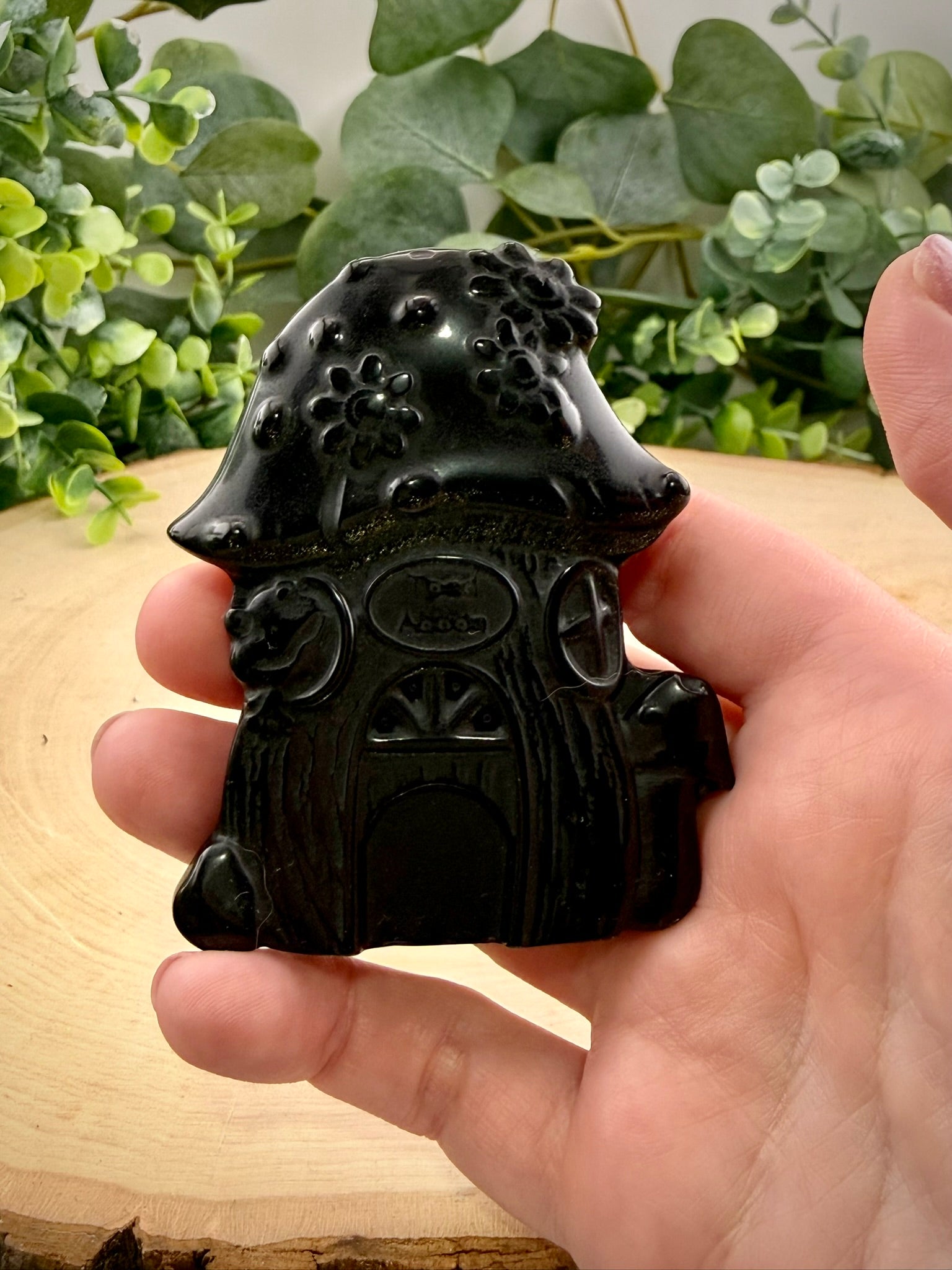 Gold Sheen Obsidian Mushroom House Carving | Natural Stone Fantasy Decor