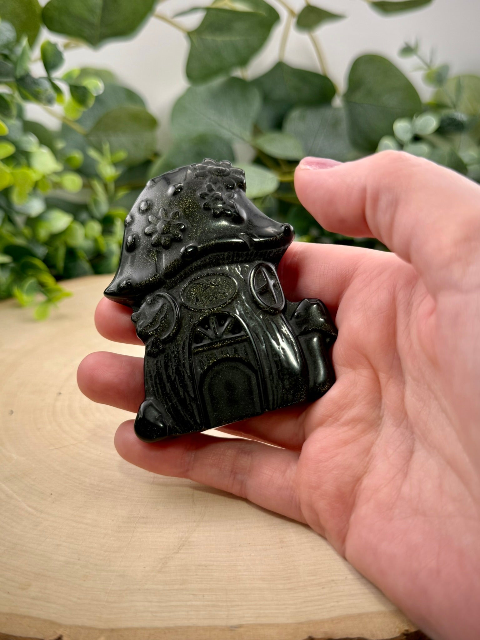 Gold Sheen Obsidian Mushroom House Carving | Natural Stone Fantasy Decor