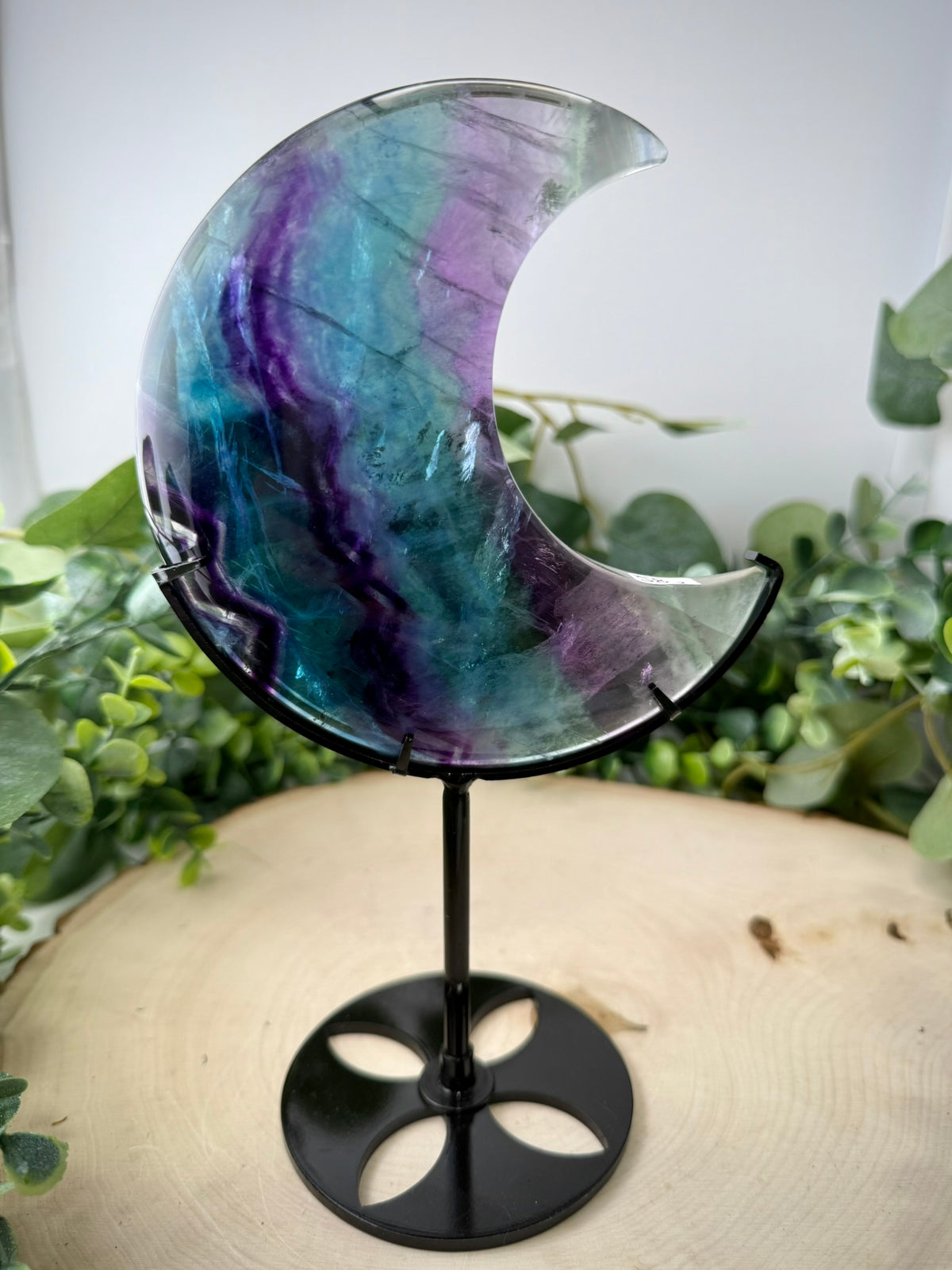 Fluorite Moon Carving | Crescent Moon on Custom Display Stand - Still Water Crystals