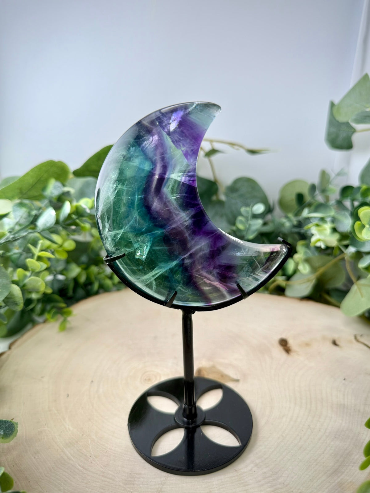 Fluorite Moon Carving | Crescent Moon on Custom Display Stand - Still Water Crystals