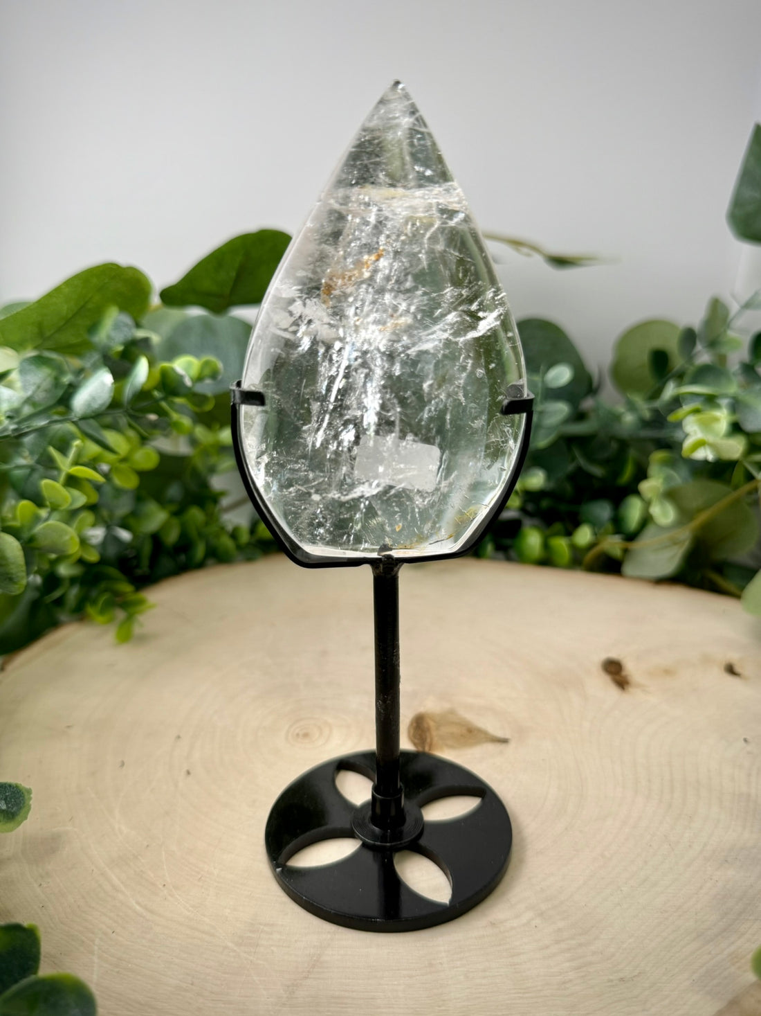Clear Quartz Golden Healer Teardrop | Crystal Carving on Custom Display Stand