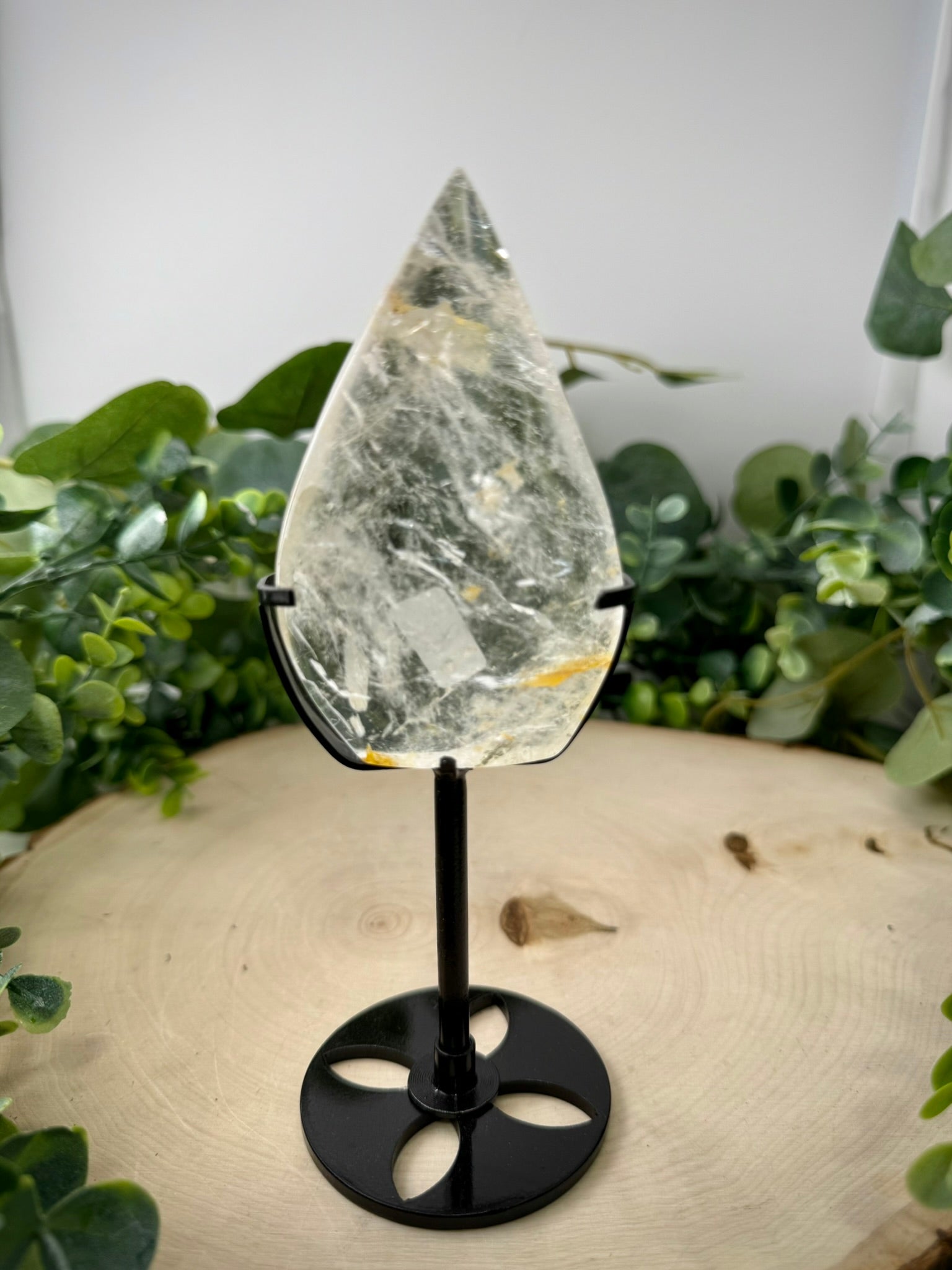 Clear Quartz Golden Healer Teardrop | Crystal Carving on Custom Display Stand