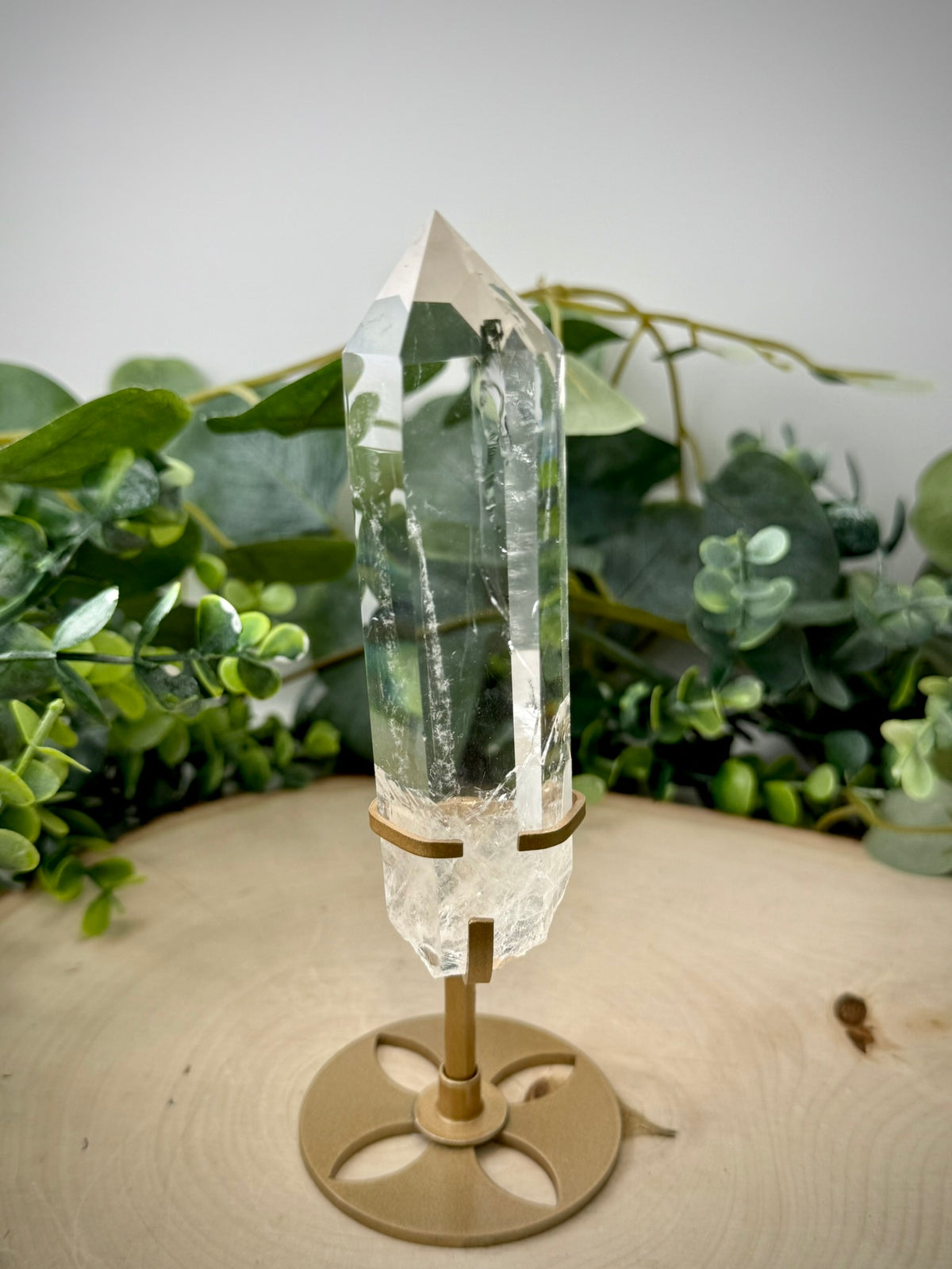Clear Quartz Tower on Gold Display Stand | Natural Crystal Specimen