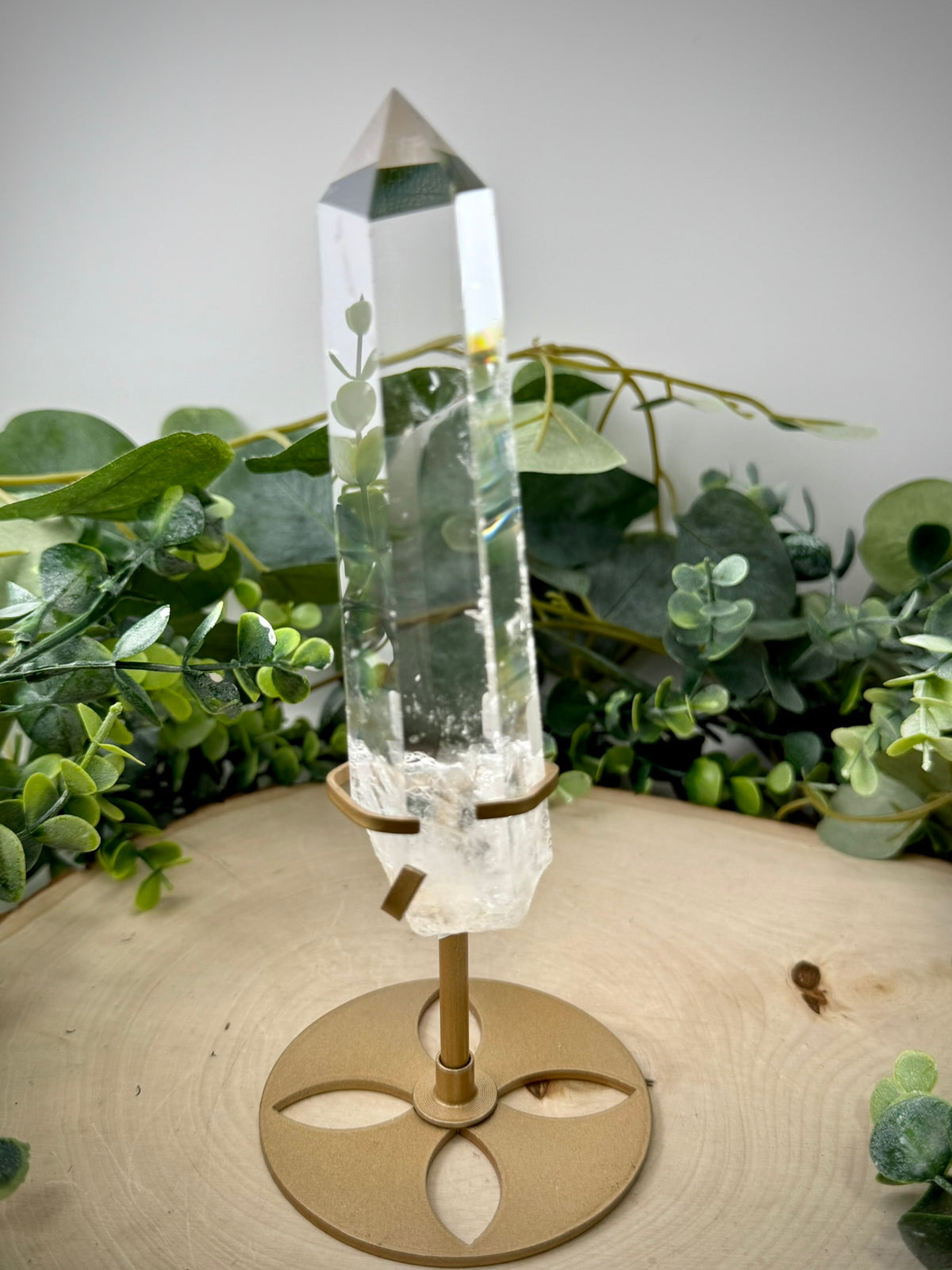 Clear Quartz Tower on Gold Display Stand | Natural Crystal Specimen
