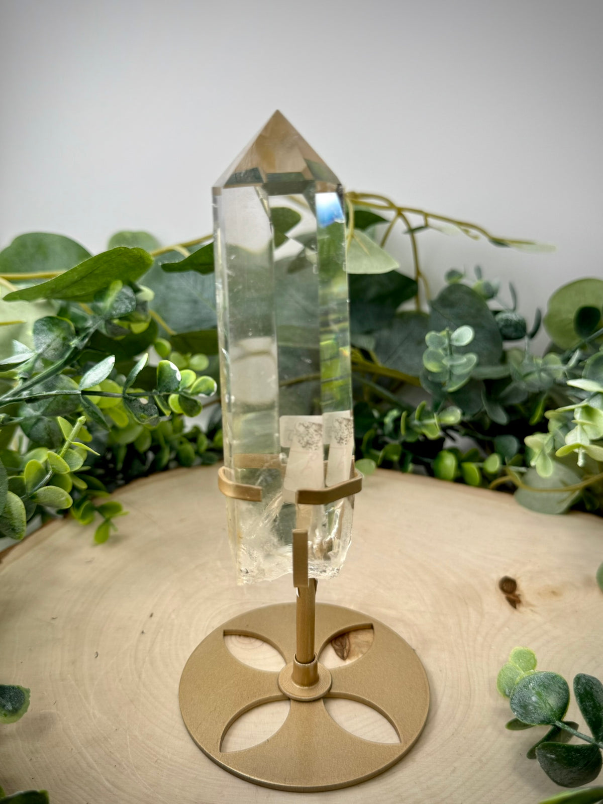 Clear Quartz Tower on Gold Display Stand | Natural Crystal Specimen