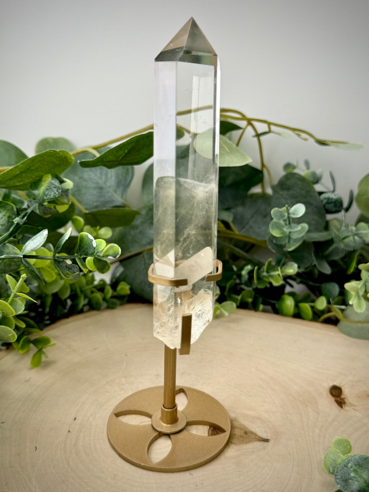 Clear Quartz Tower on Gold Display Stand | Natural Crystal Specimen
