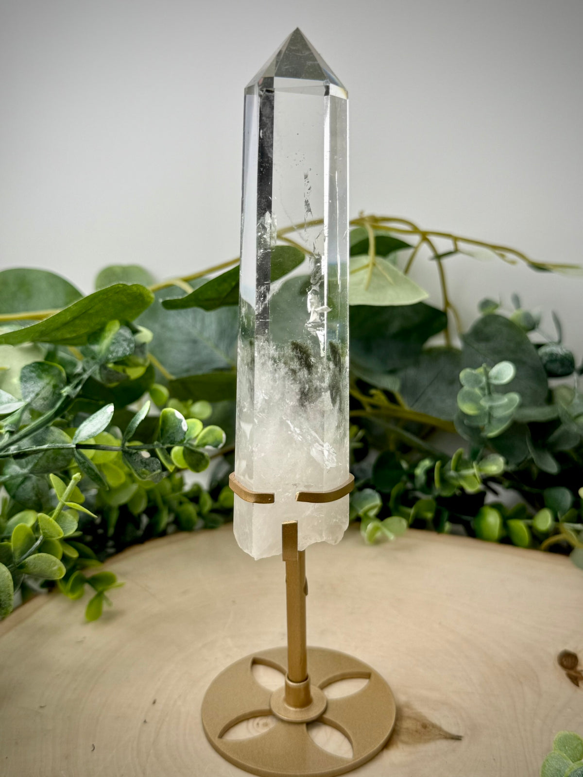 Clear Quartz Tower on Gold Display Stand | Natural Crystal Specimen