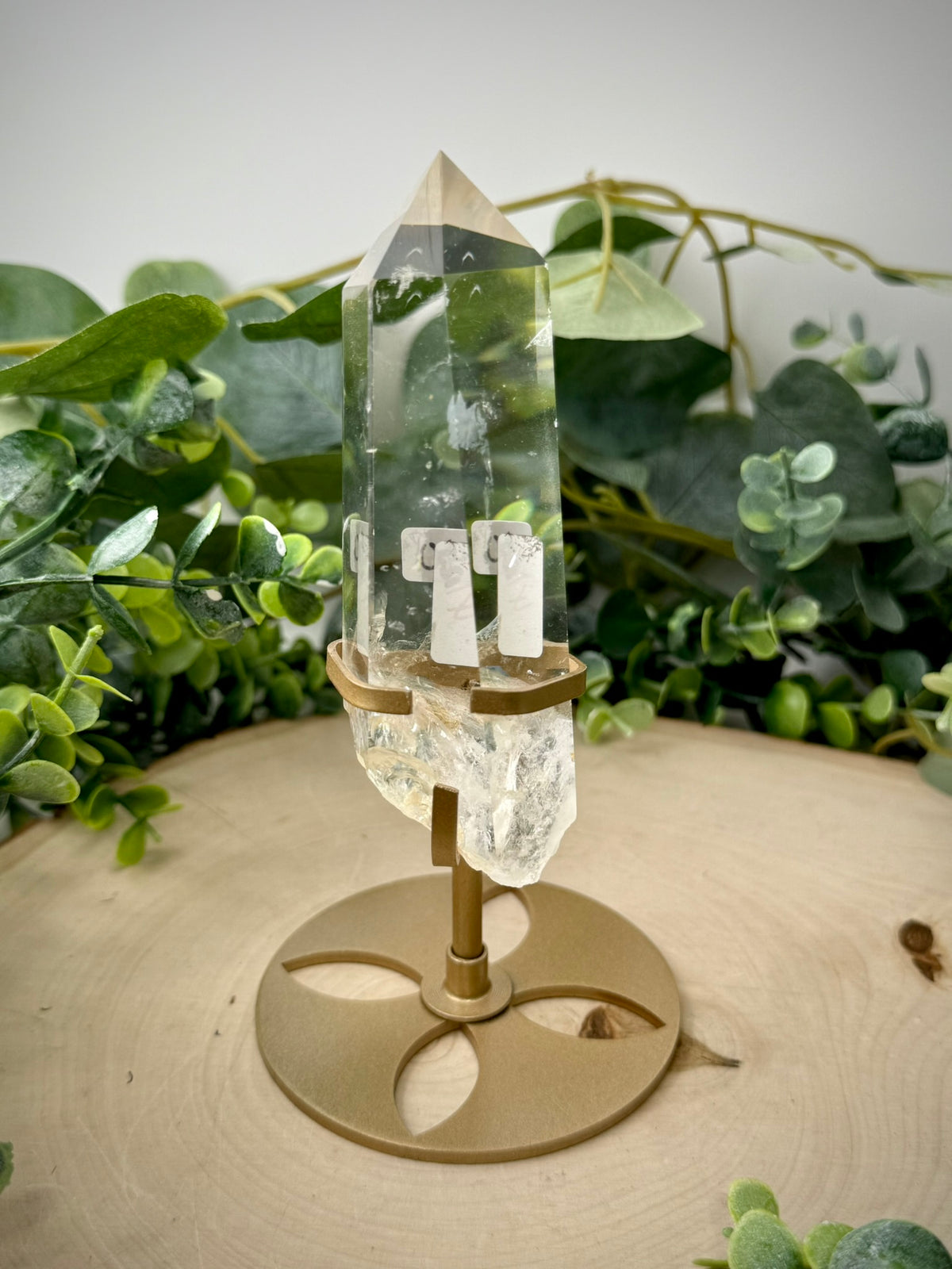 Clear Quartz Tower on Gold Display Stand | Natural Crystal Specimen
