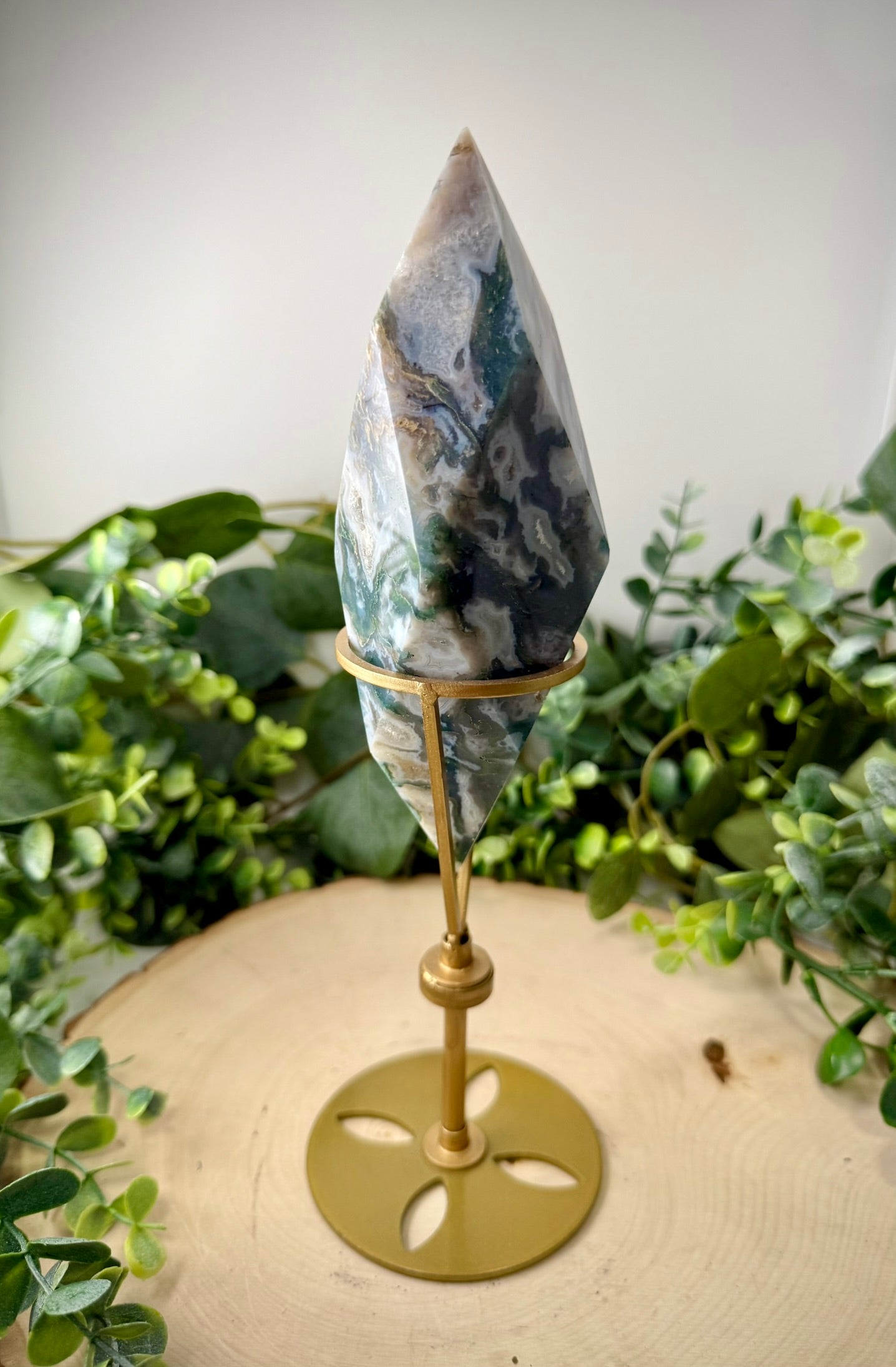 Moss Agate Faceted Double Terminated Crystal | Custom Rotating Display Stand