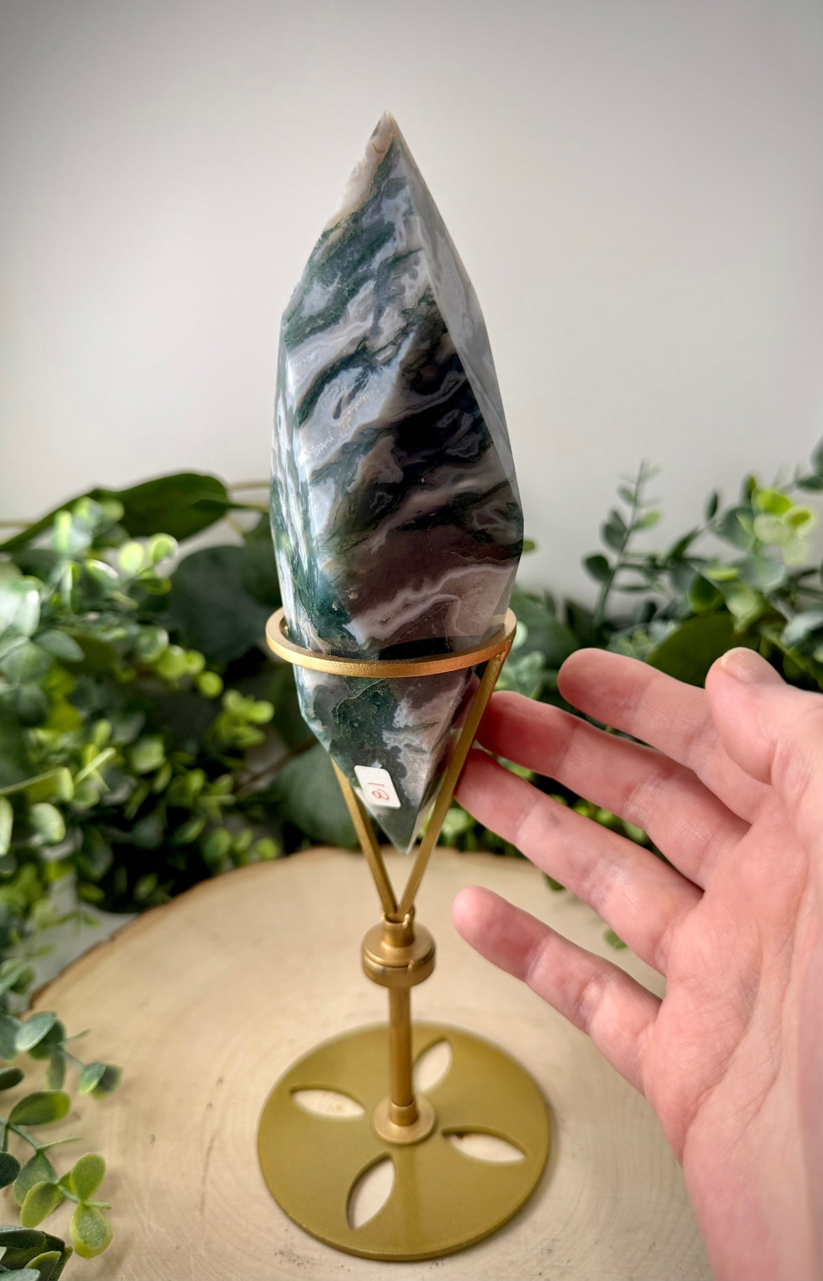 Moss Agate Faceted Double Terminated Crystal | Custom Rotating Display Stand