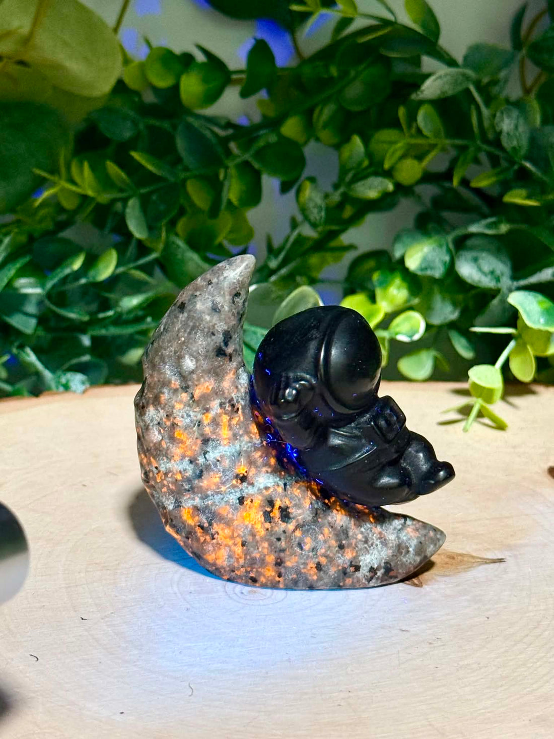 Obsidian Man on Yooperlite Moon | Fluorescent Crystal Space Figurine