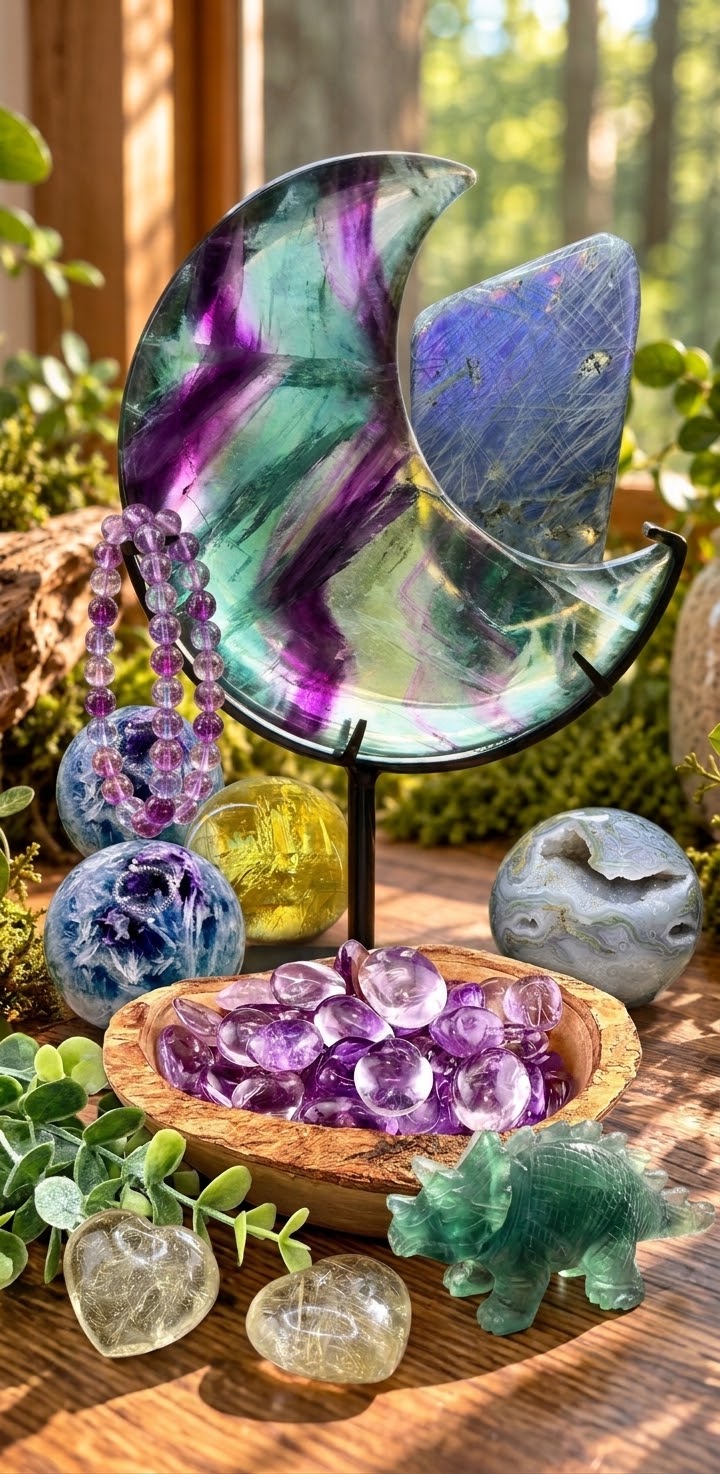 Assorted crystals, gemstone jewelry, spheres, carvings, and mineral pieces displayed in a sunlit woodland setting