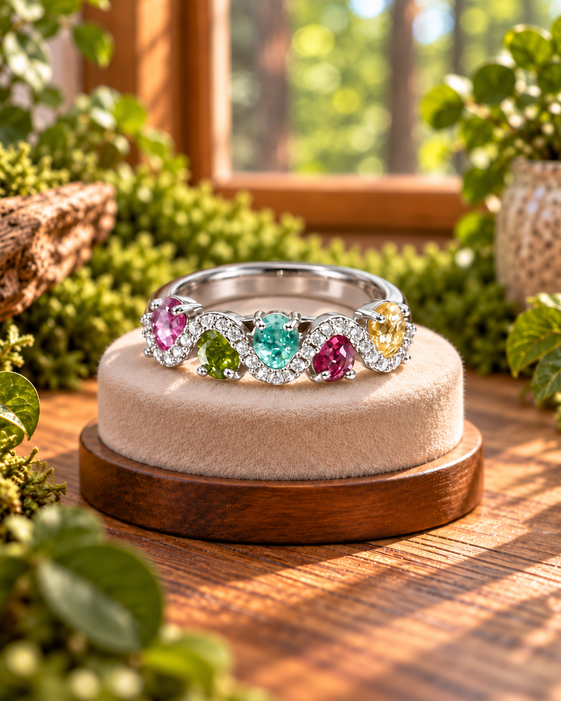 Adjustable sterling silver multicolor gemstone ring displayed in natural window light