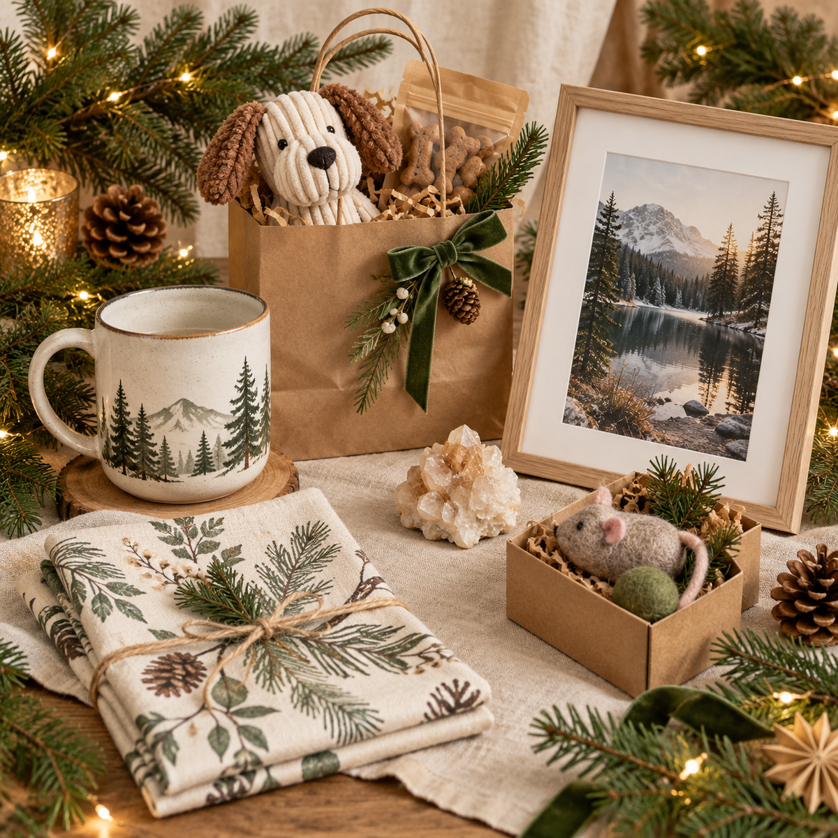 Holiday gift market with mugs, tea towels, pet gifts, photography, and a crystal