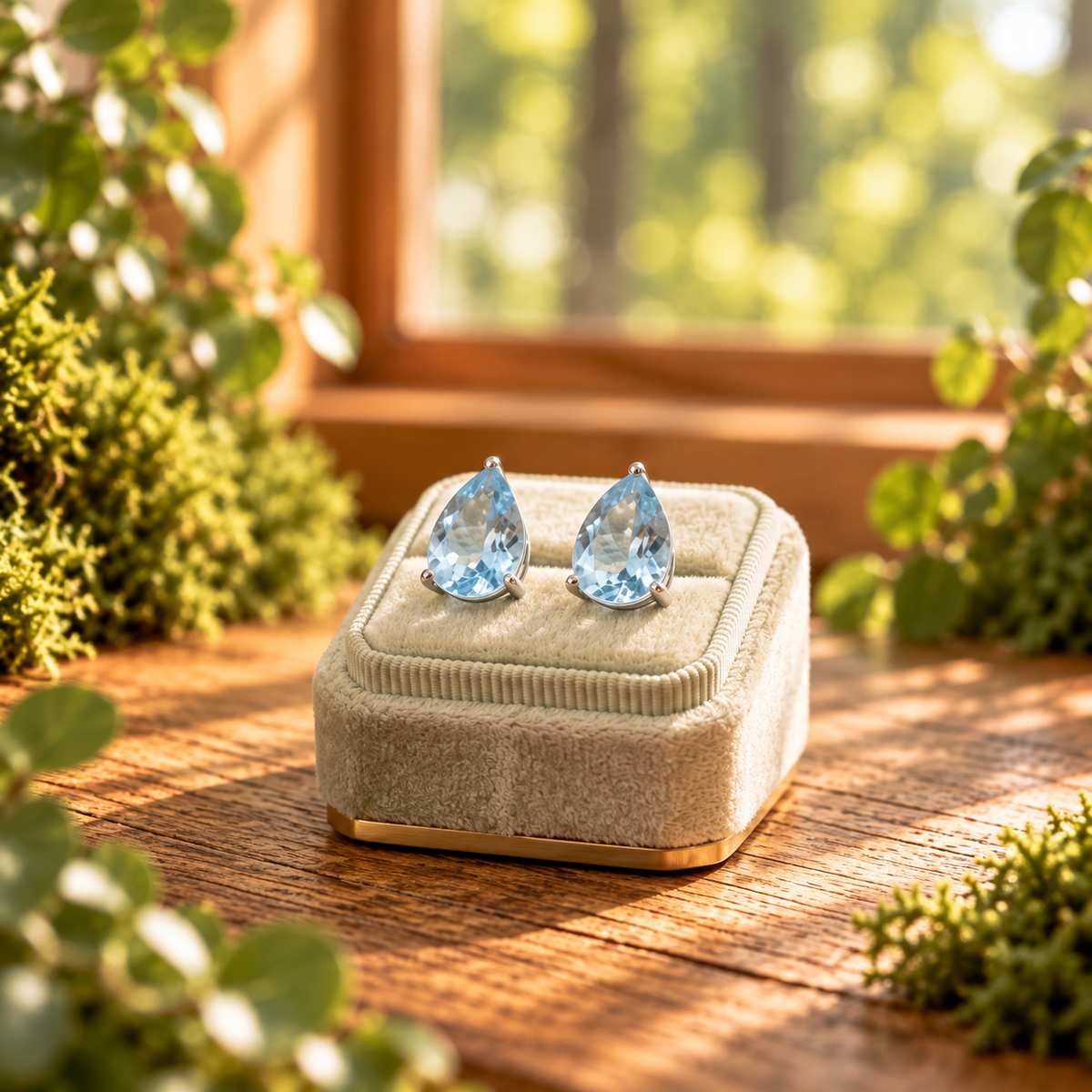 Still Water Curated Earrings collection featuring sterling silver gemstone stud earrings in natural window light