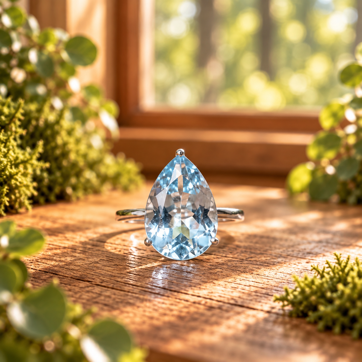 Still Water Curated Rings collection featuring a sterling silver ring with a pale blue gemstone in natural window light