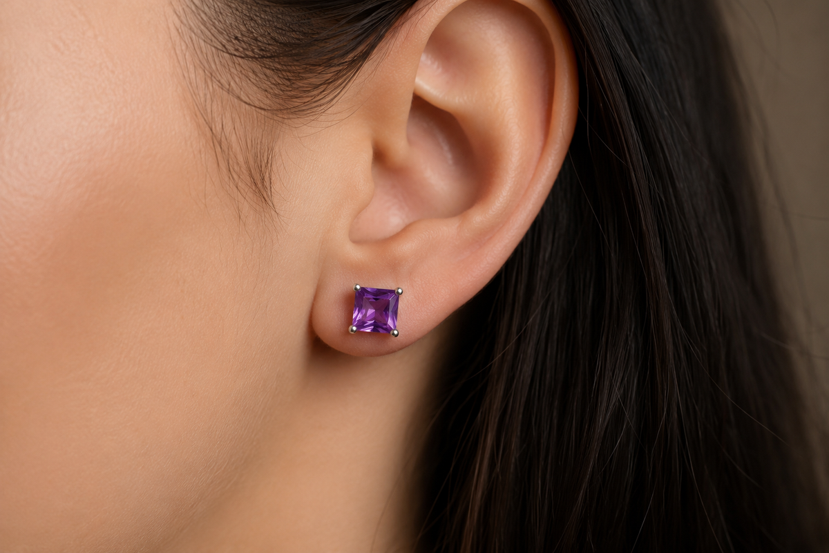 Princess Cut Amethyst Stud Earrings | 925 Sterling Silver | February Birthstone Jewelry - Still Water Crystals