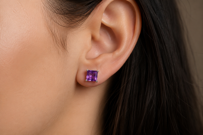 Princess Cut Amethyst Stud Earrings | 925 Sterling Silver | February Birthstone Jewelry