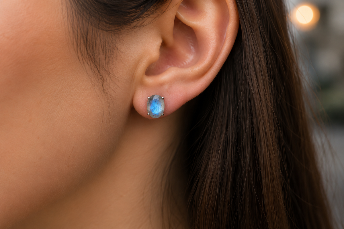 Oval Labradorite Stud Earrings | 925 Sterling Silver Natural Gemstone Earrings | Blue Flash Labradorite Jewelry - Still Water Crystals