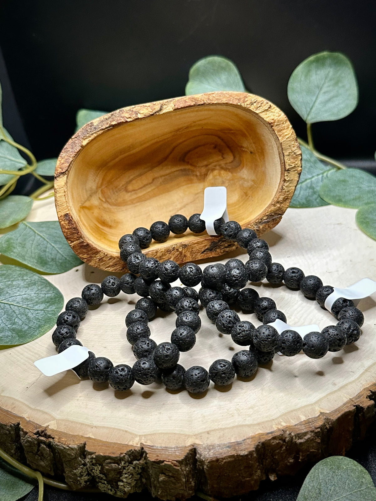 Black lava stone stretch bracelet with round beads