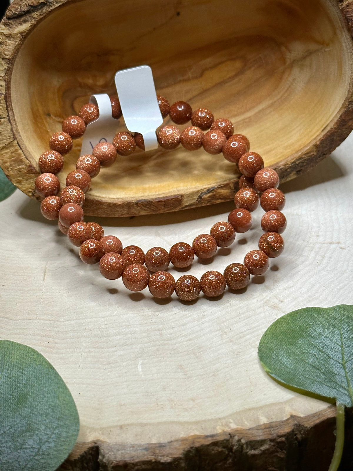 Copper Goldstone Stretch Bracelet 8mm with sparkling man-made glass beads