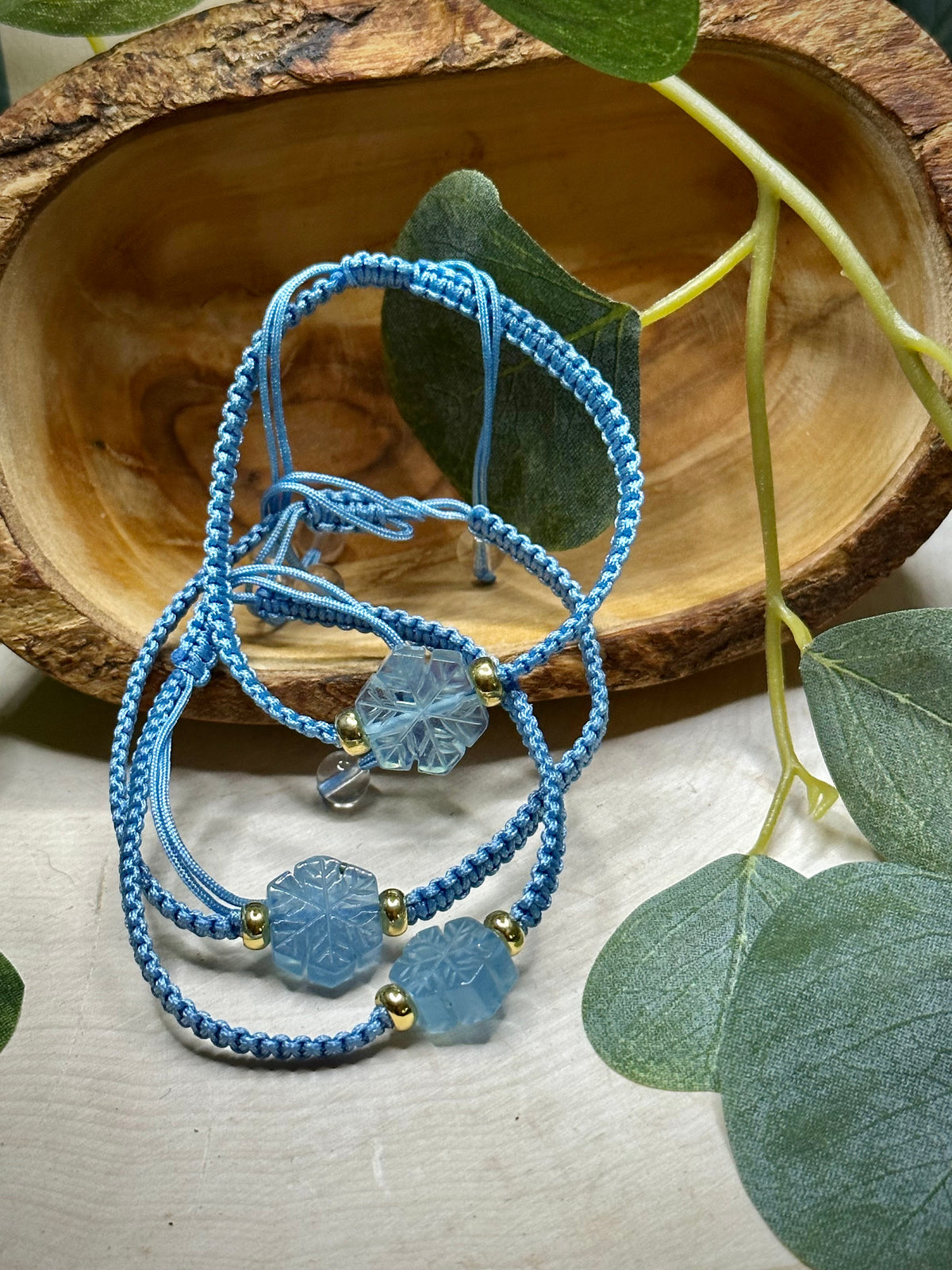 Aquamarine Snowflake Adjustable Bracelet with polished gemstone beads