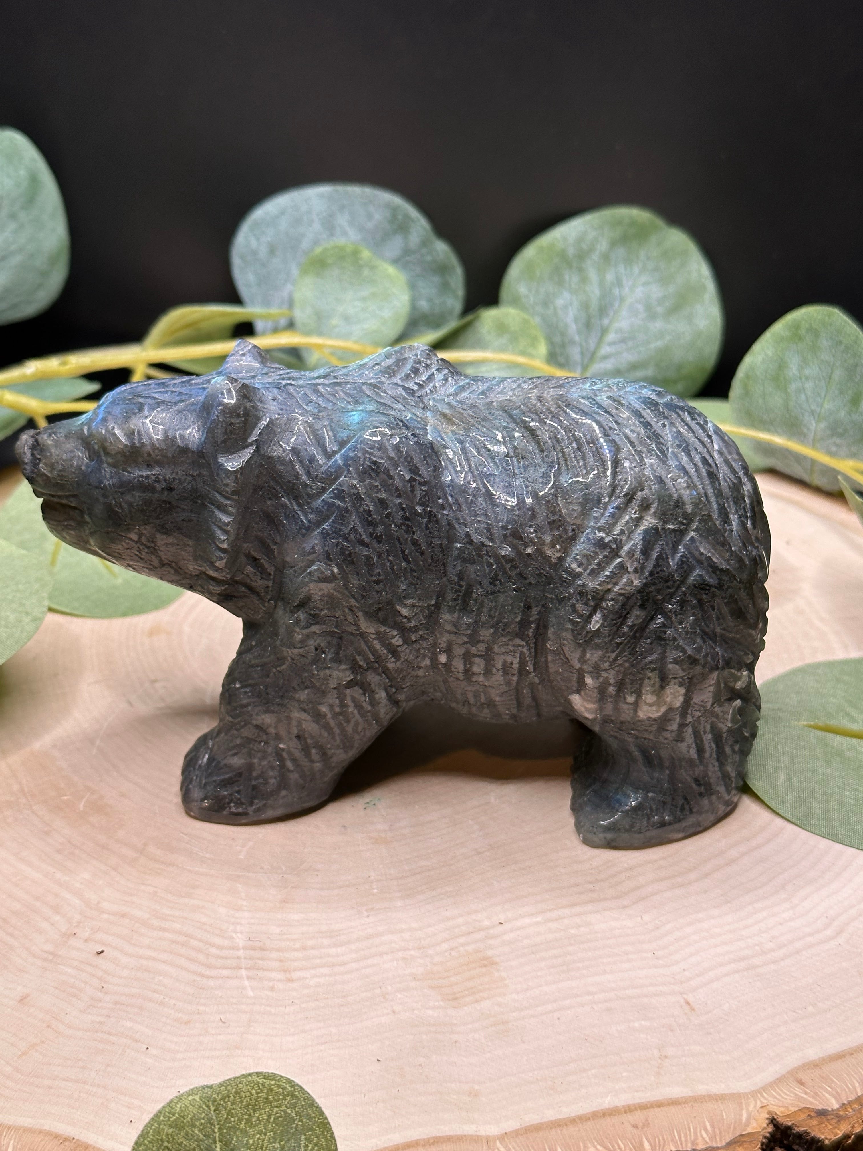 Hand Detailed Labradorite Grizzly Bear Carving