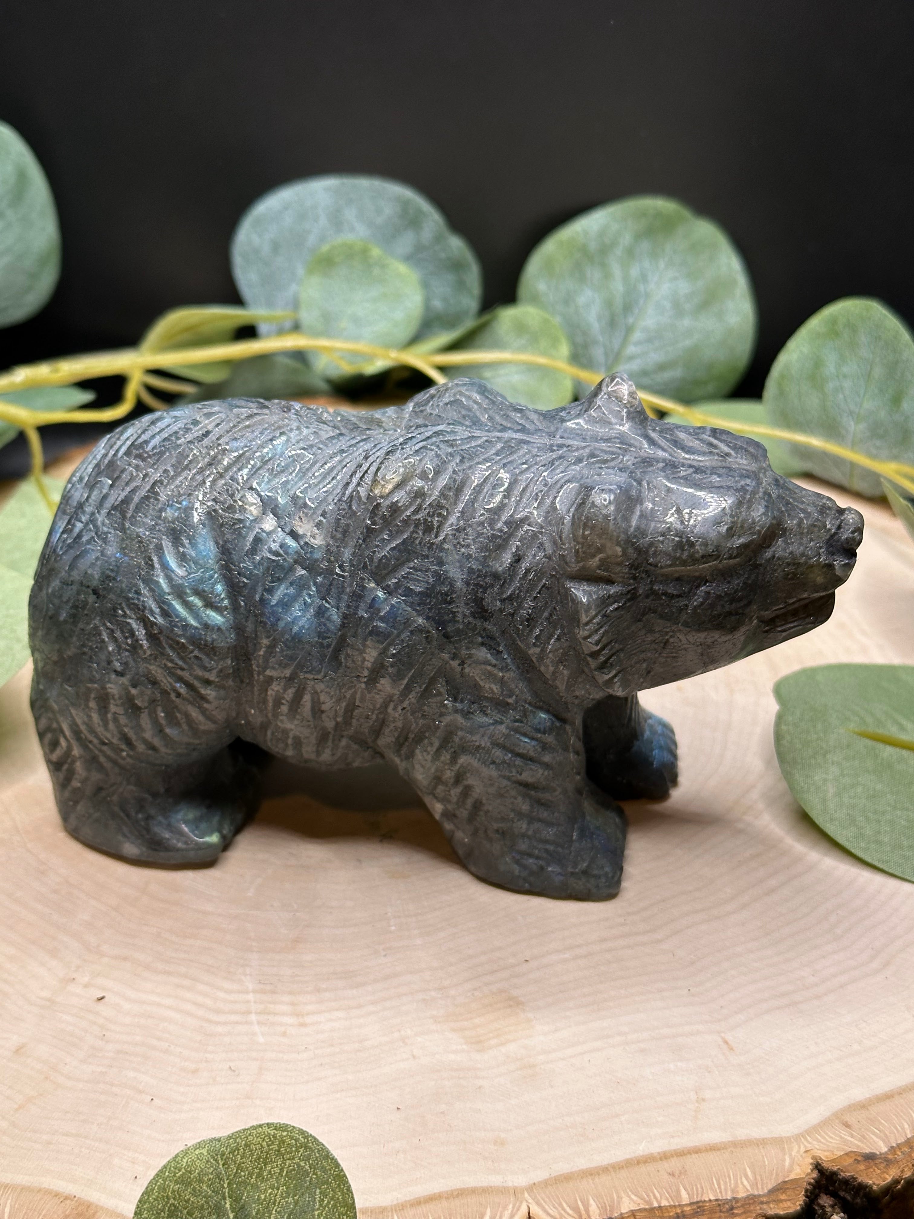 Hand Detailed Labradorite Grizzly Bear Carving